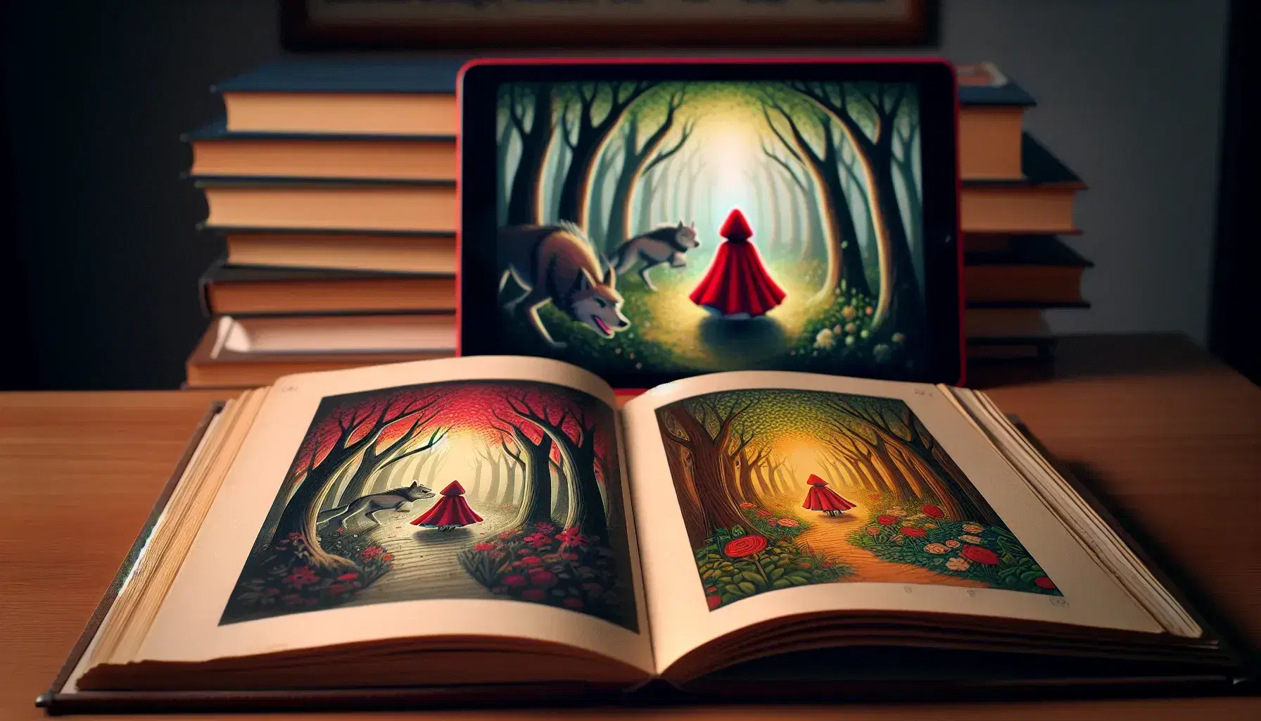 Libro aperto con illustrazione di Cappuccetto Rosso a pagine avorio accanto a tablet che mostra animazione del personaggio e sfondo con TV che trasmette scena correlata.