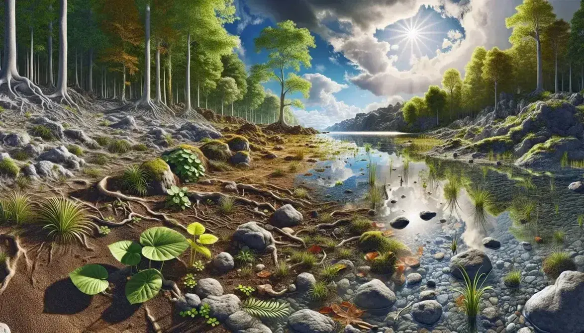 Paisaje natural diverso con suelo fértil, plantas verdes, cuerpo de agua claro, rocas musgosas, árboles variados y montañas al fondo bajo un cielo azul.