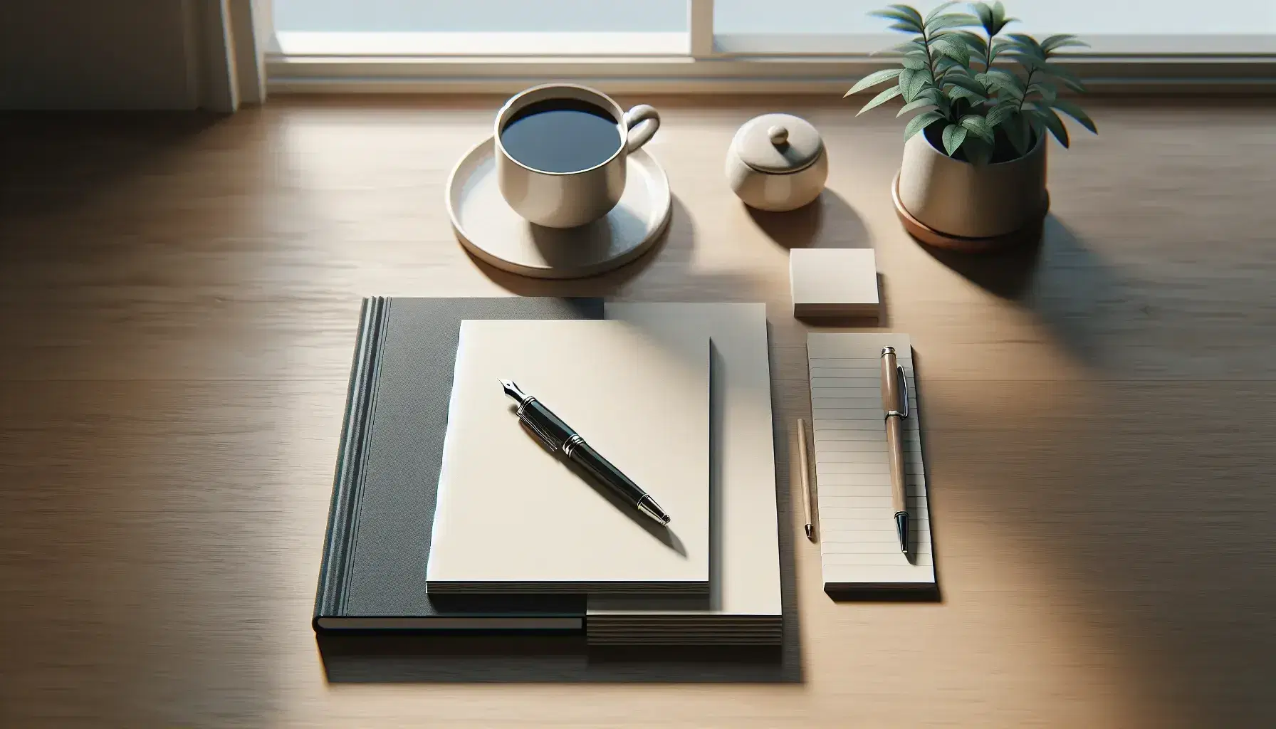 Mesa de madera clara con pila de hojas, libro azul oscuro, pluma estilográfica negra, libreta, taza de café y planta en maceta terracota.