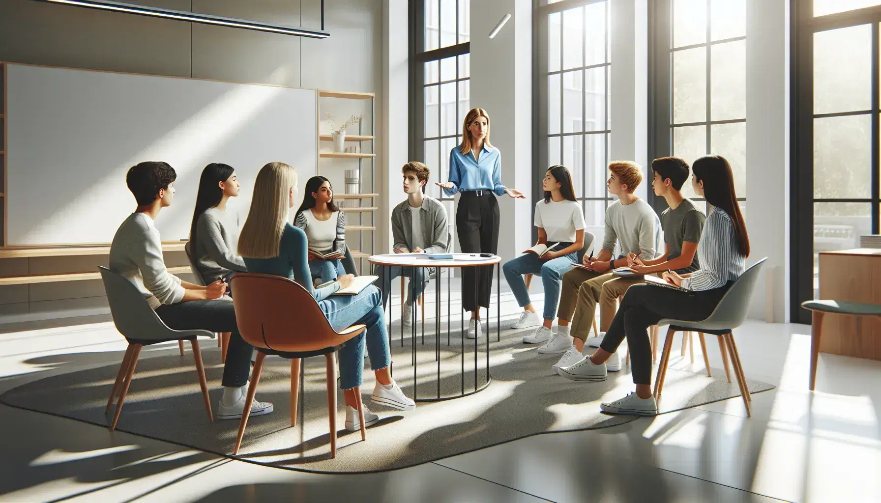 Group of multi-ethnic high school students sitting in semicircle discussing with enthusiastic female teacher in modern bright classroom.