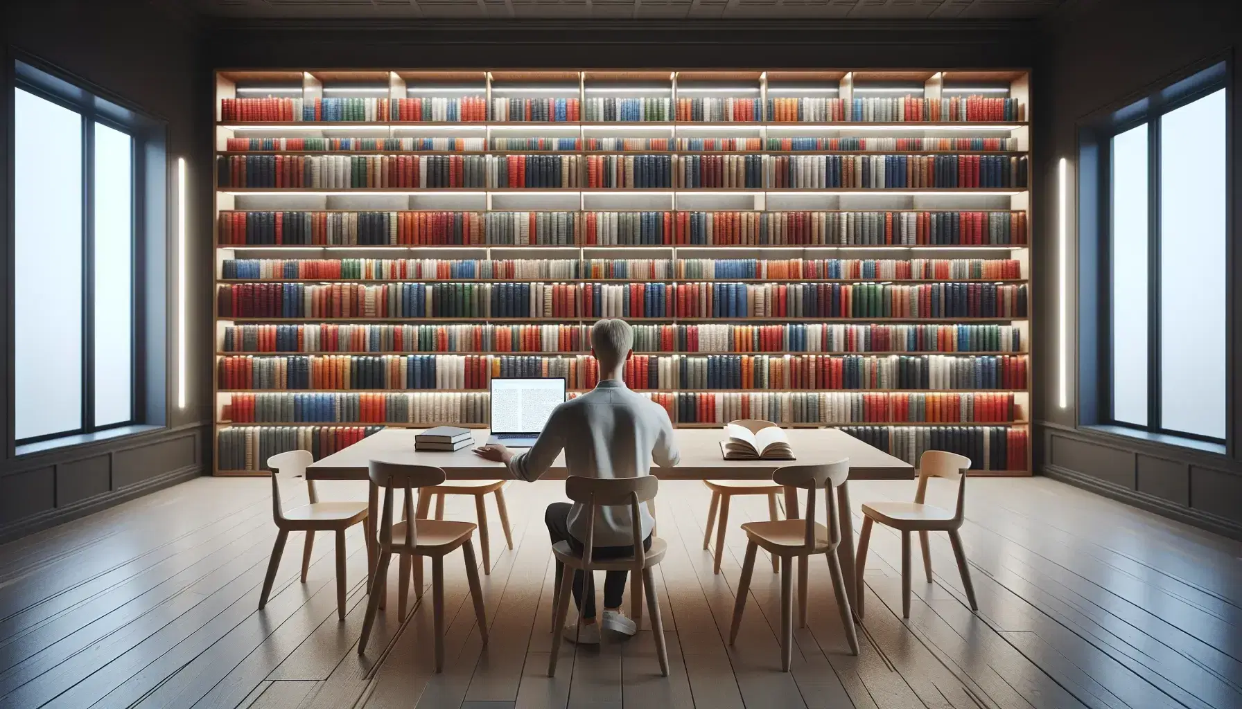 Biblioteca moderna y luminosa con estanterías altas de libros coloridos, mesa de madera con libros abiertos y persona concentrada trabajando en laptop.