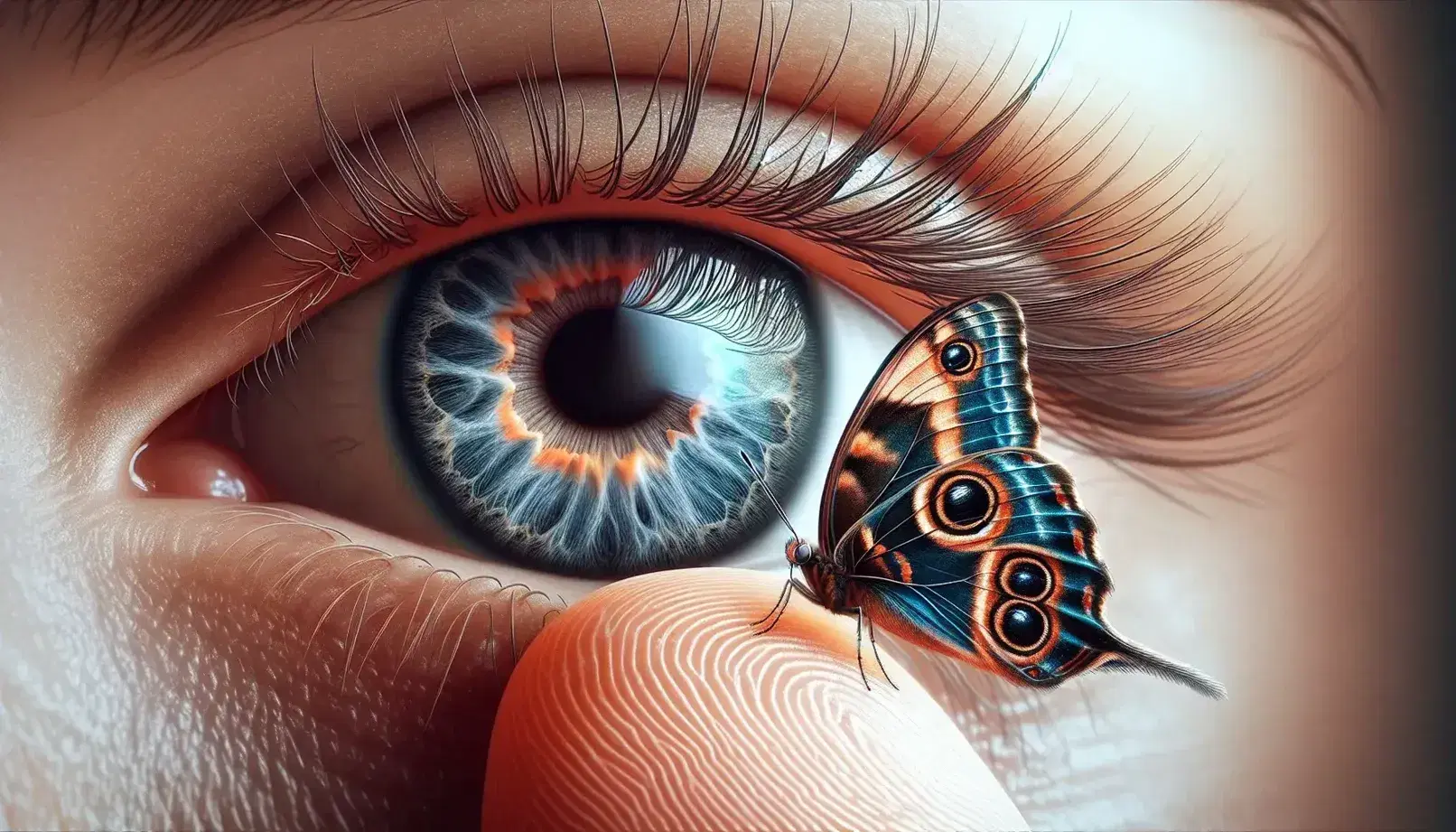 Close-up of a human eye with blue iris and dilated pupil, curved eyelashes and colorful butterfly sitting on finger, blurred green background.