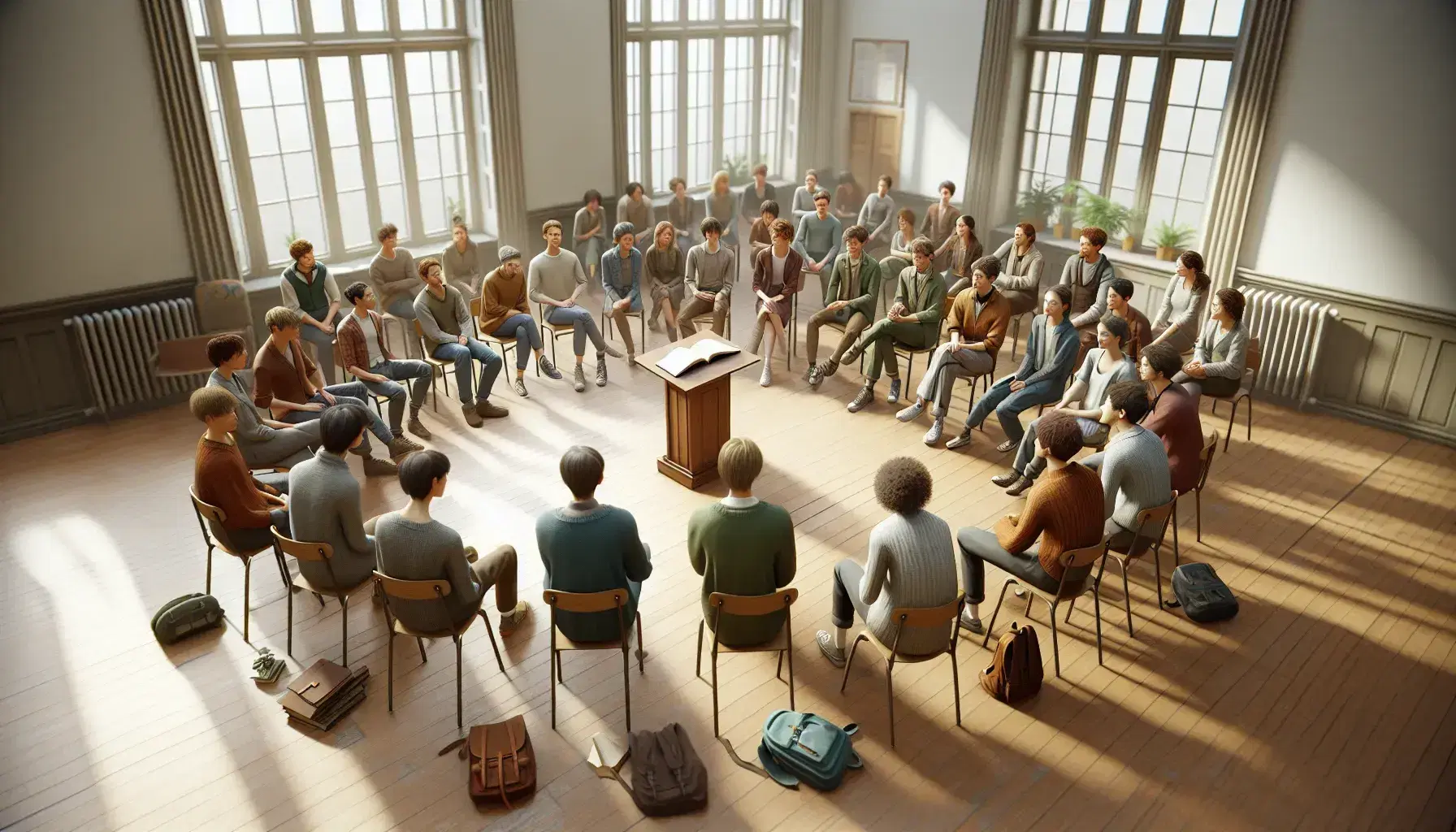 Estudiantes diversos sentados en círculo en aula iluminada con luz natural, discutiendo activamente cerca de un podio con libro abierto y pizarra al fondo.