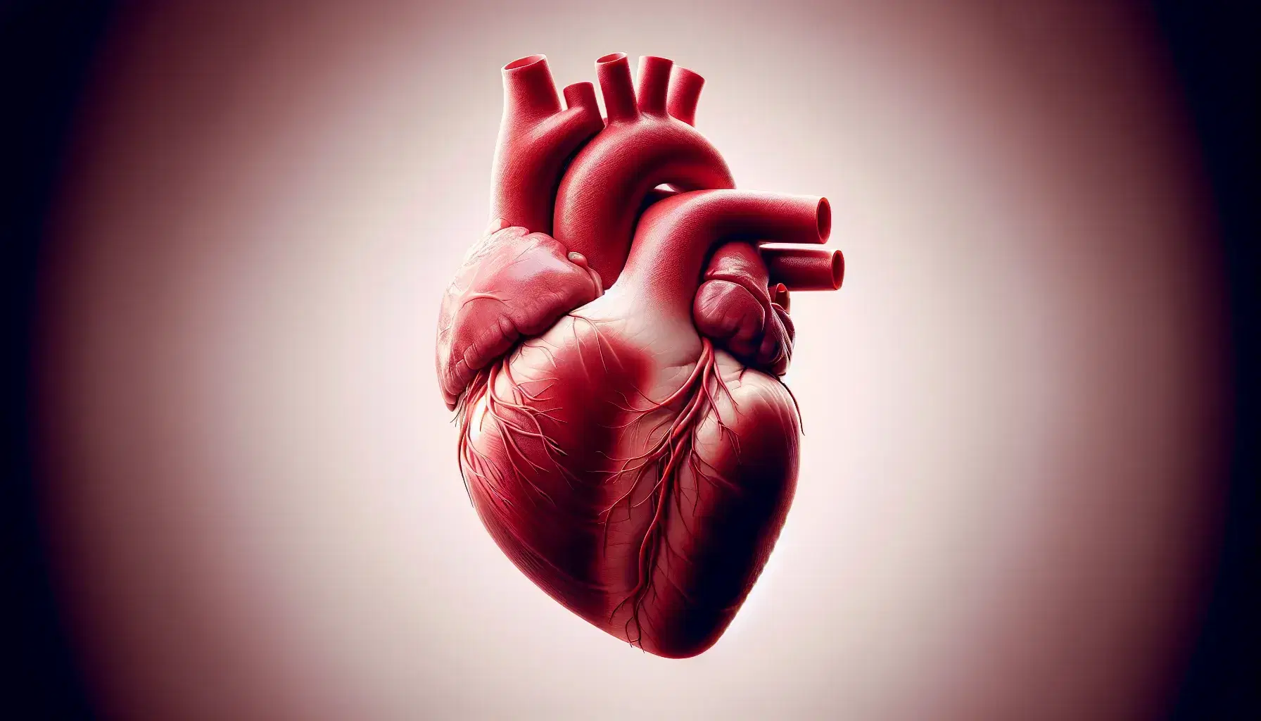 Cuore umano realistico con atrii e ventricoli evidenti, aorta e arteria polmonare sporgenti, su sfondo neutro.