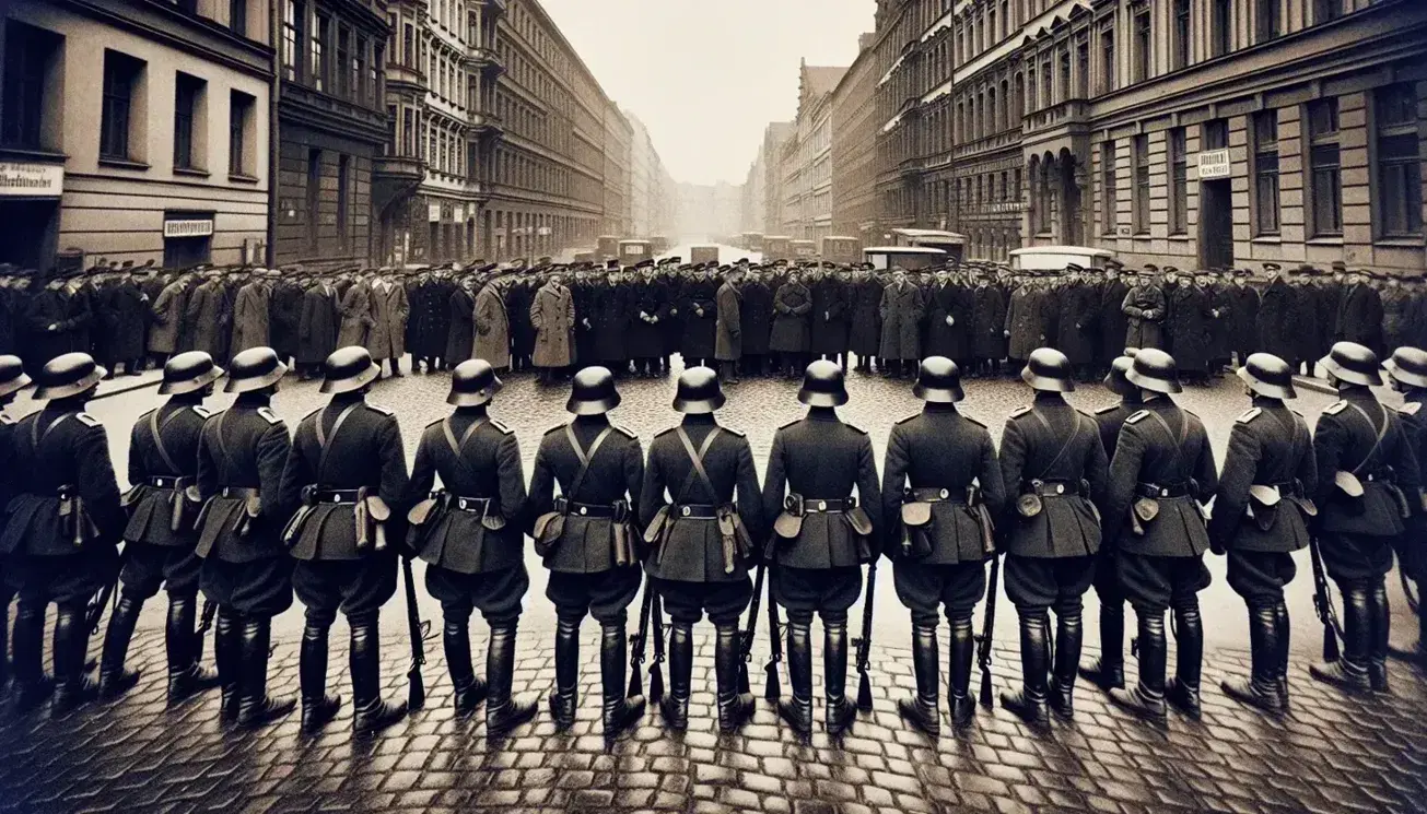 Early 1920s Berlin street scene with uniformed soldiers forming a blockade, civilians observing at a distance, and period architecture under an overcast sky.