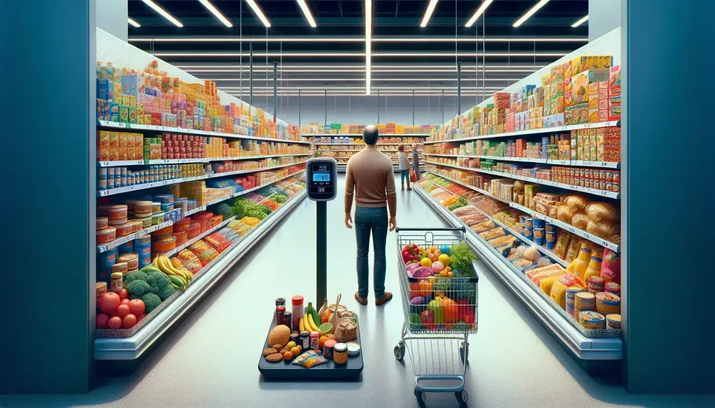 Cliente in supermercato sceglie prodotti alimentari da scaffale assortito, con carrello spesa parzialmente pieno, in ambiente pulito e ben illuminato.