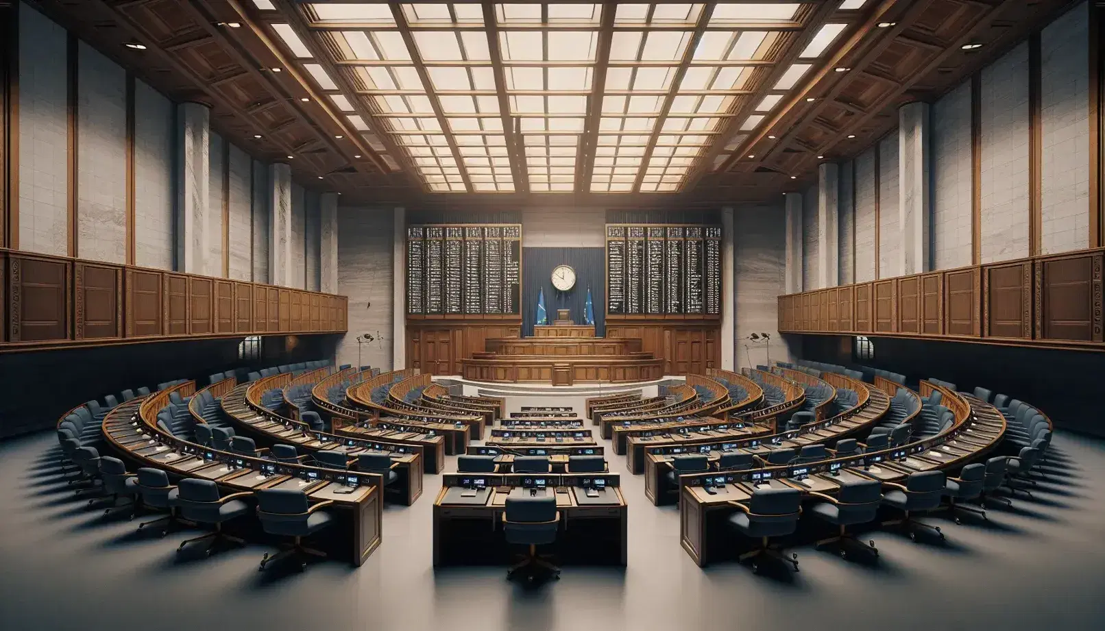 Interno vuoto di un'aula parlamentare italiana con scrivanie a semicerchio, tribuna presidenziale in legno chiaro e orologio su muro di marmo.