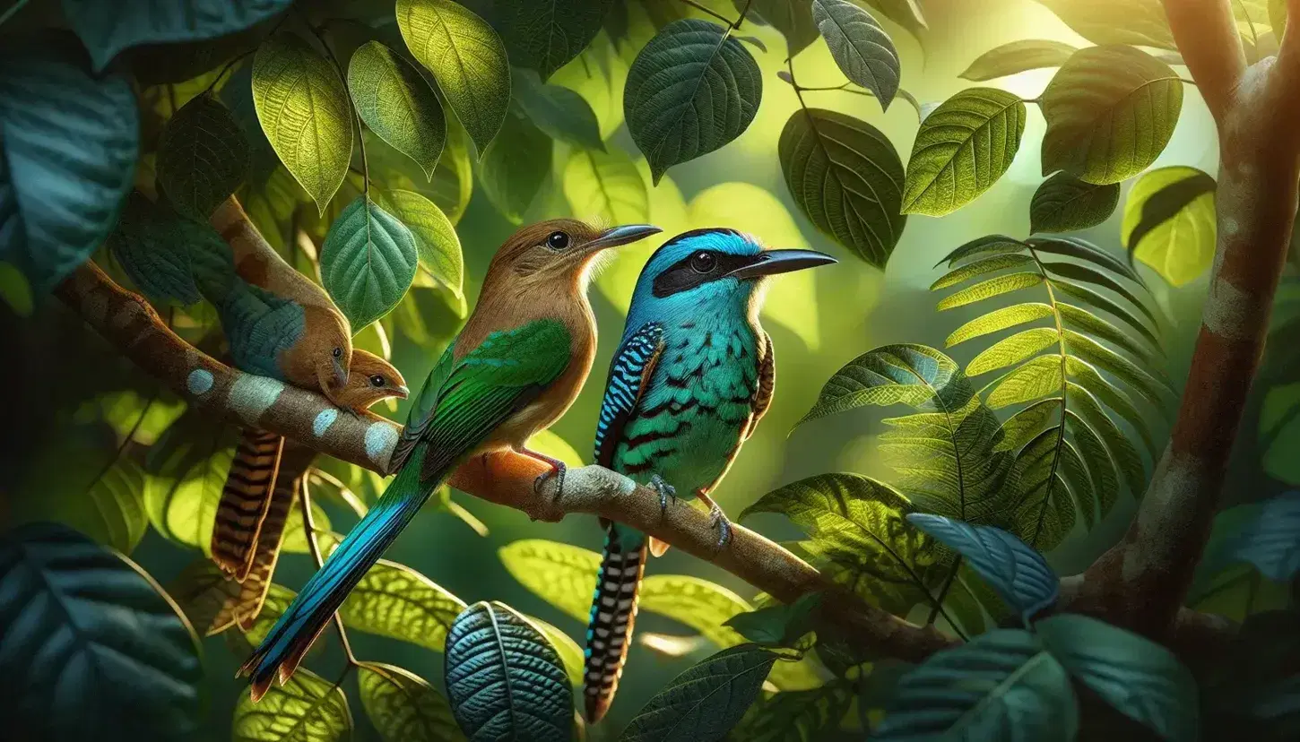 Dos aves de especies distintas posadas en ramas adyacentes, una con plumaje azul eléctrico y verde, y la otra en tonos marrones y beige, rodeadas de follaje verde en un entorno natural iluminado por el sol.