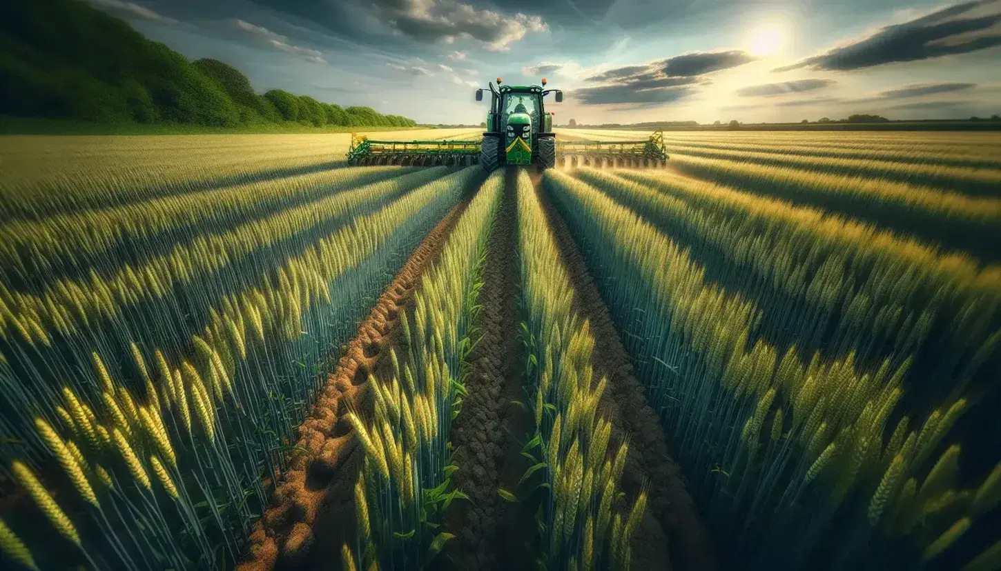Campo de trigo verde bajo cielo azul con tractor amarillo-verde trabajando la tierra, reflejando la agricultura moderna y mecanizada.