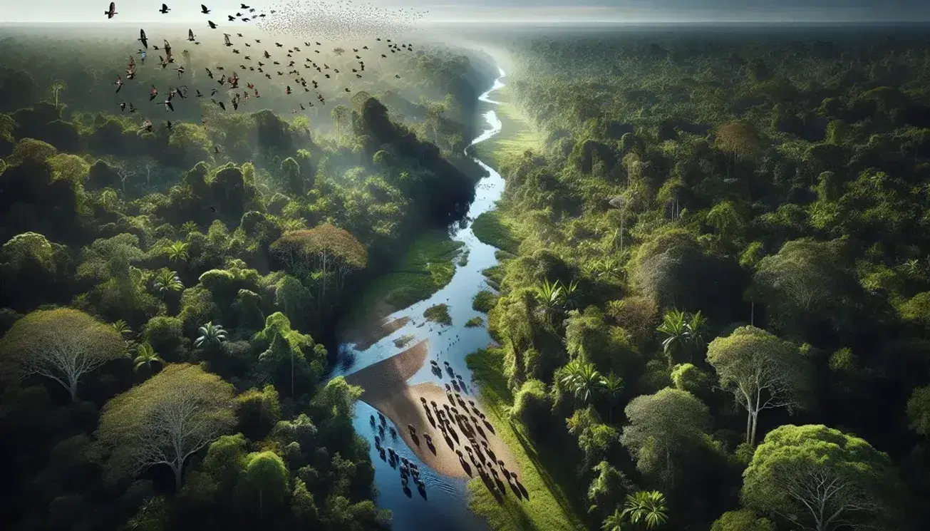 Vista aérea de un bosque tropical con un río serpenteante, manada de elefantes en una clara y bandada de aves en vuelo, reflejando la biodiversidad del ecosistema.