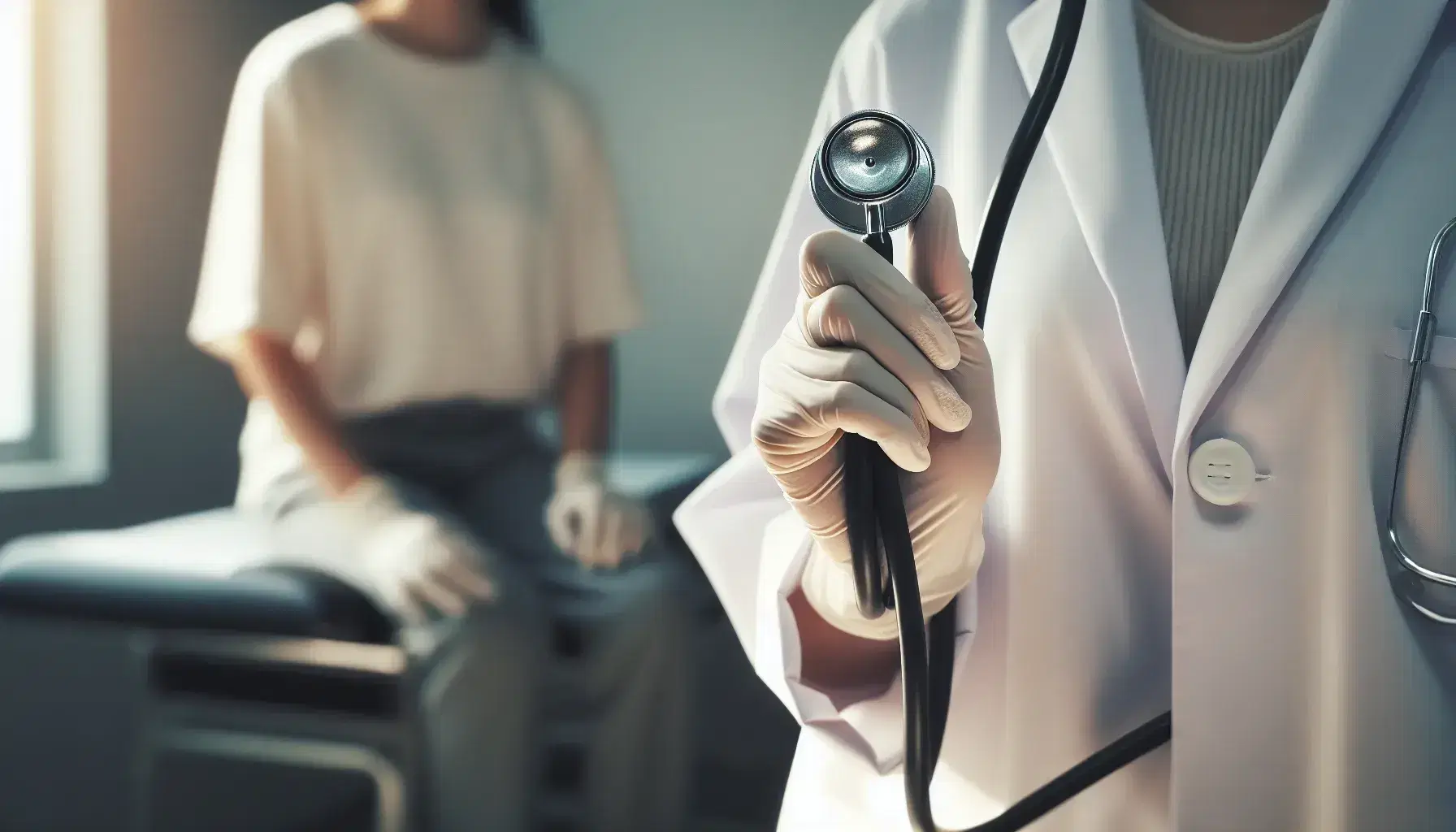 Manos de profesional de la salud con guantes de látex sujetando un estetoscopio en un entorno clínico, con paciente desenfocado al fondo.