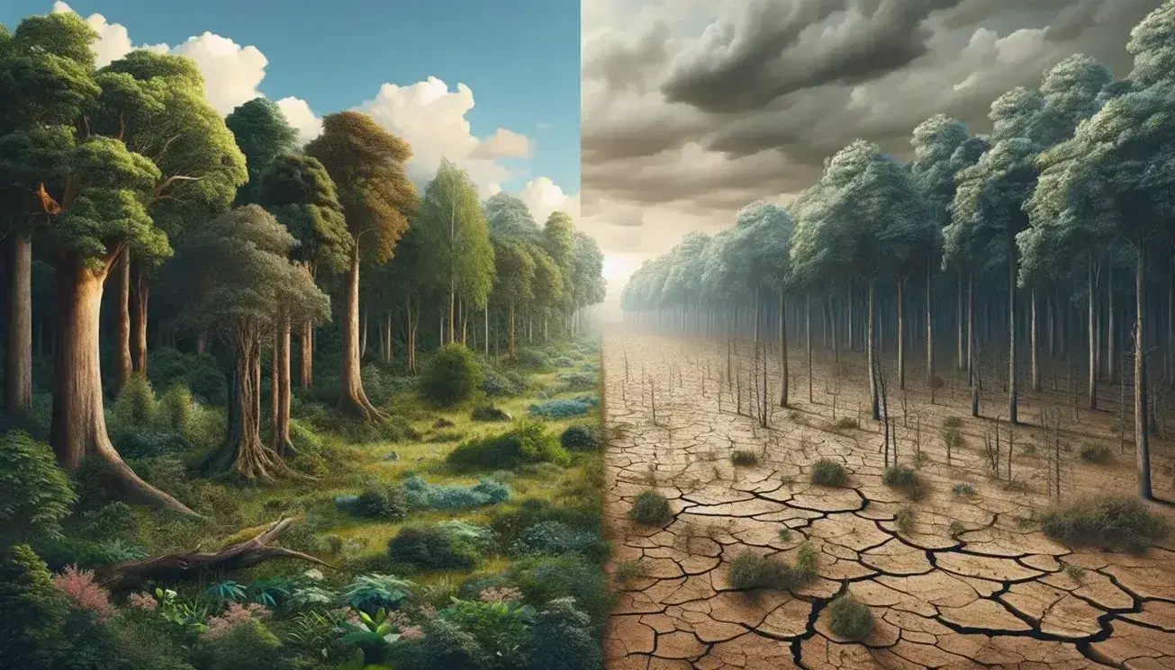 Paisaje contrastante con bosque frondoso y terreno árido dividido en el centro, mostrando vegetación verde y suelo agrietado bajo cielos nublados.