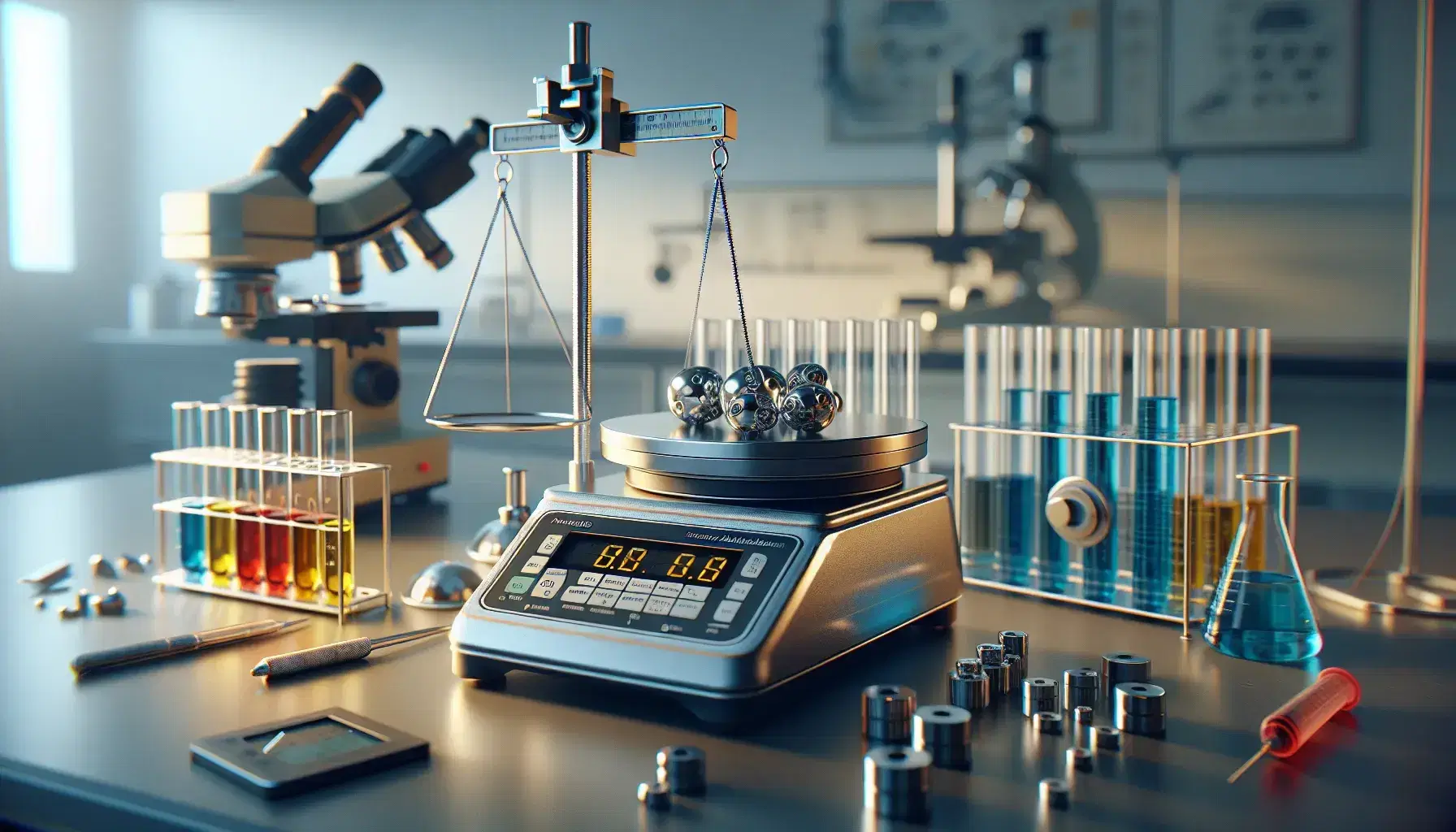 Báscula analítica de precisión en laboratorio científico con pesos de calibración y microscopio compuesto al fondo, junto a tubos de ensayo con líquidos de colores.