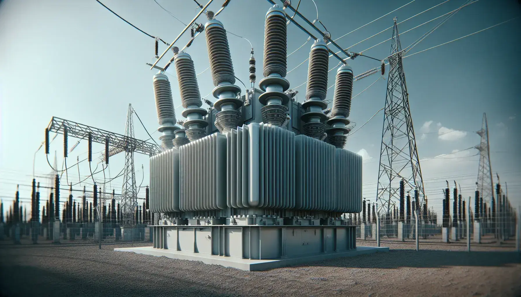 Large outdoor power transformer with cooling fins and high-voltage bushings connected to overhead lines, enclosed by a security fence on a clear day.