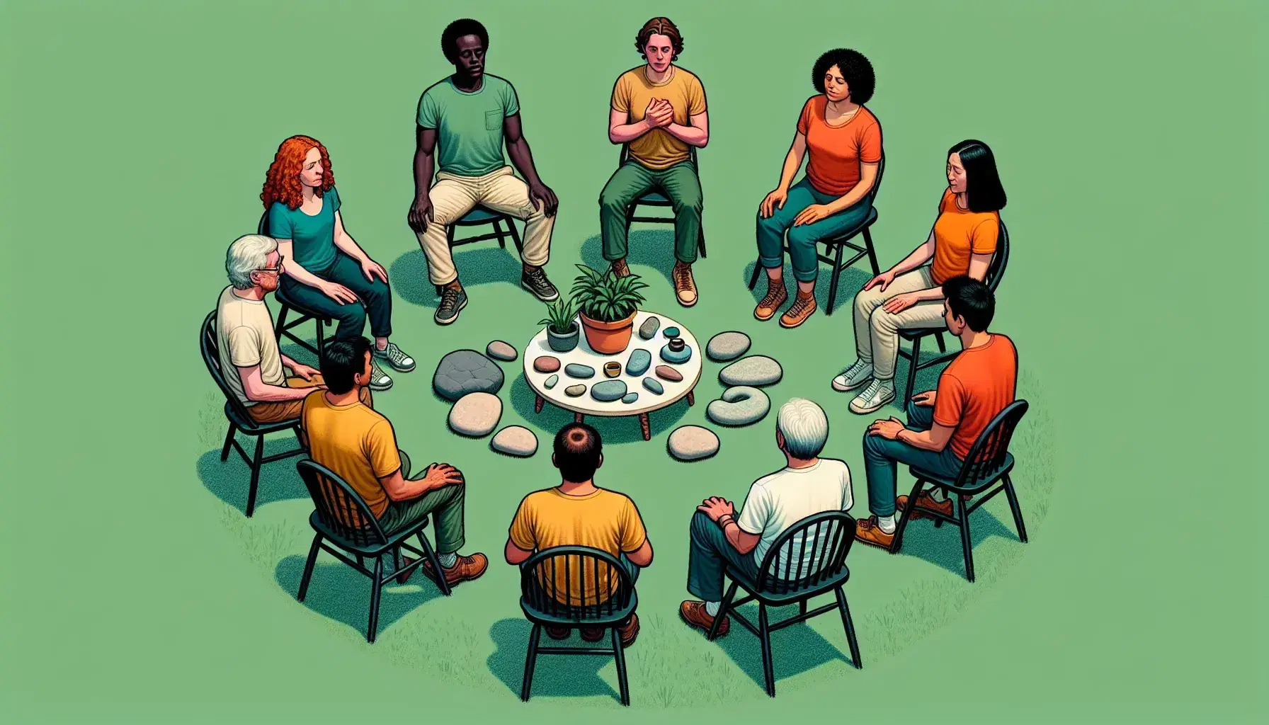 Gruppo multietnico seduto in cerchio su prato verde con tavolino centrale, pianta, scultura e pietre colorate, esprimendo condivisione e ascolto.