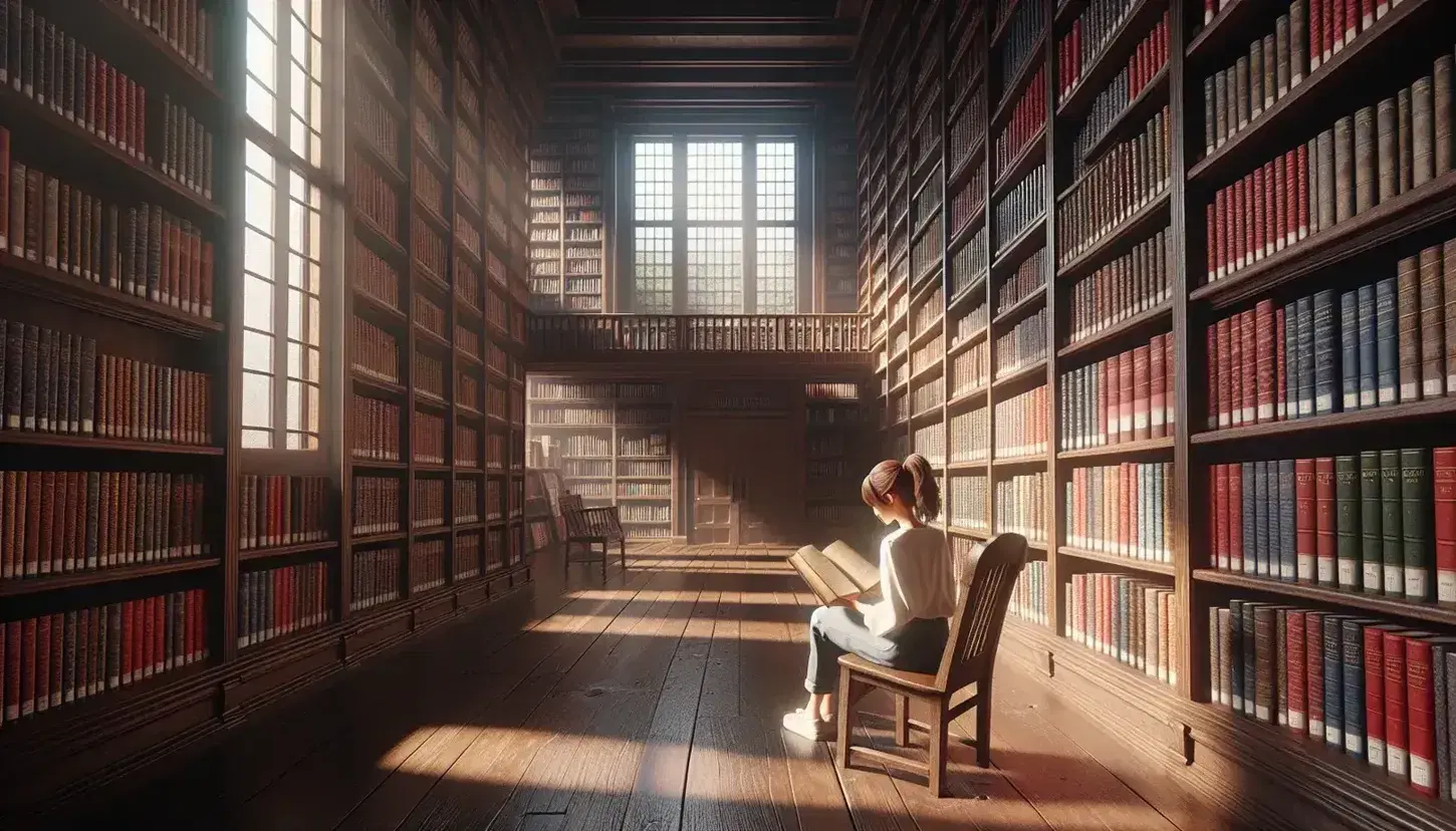 Ragazza con capelli castani legge un libro seduta su una sedia in legno in una biblioteca illuminata naturalmente, con scaffali pieni di libri colorati.