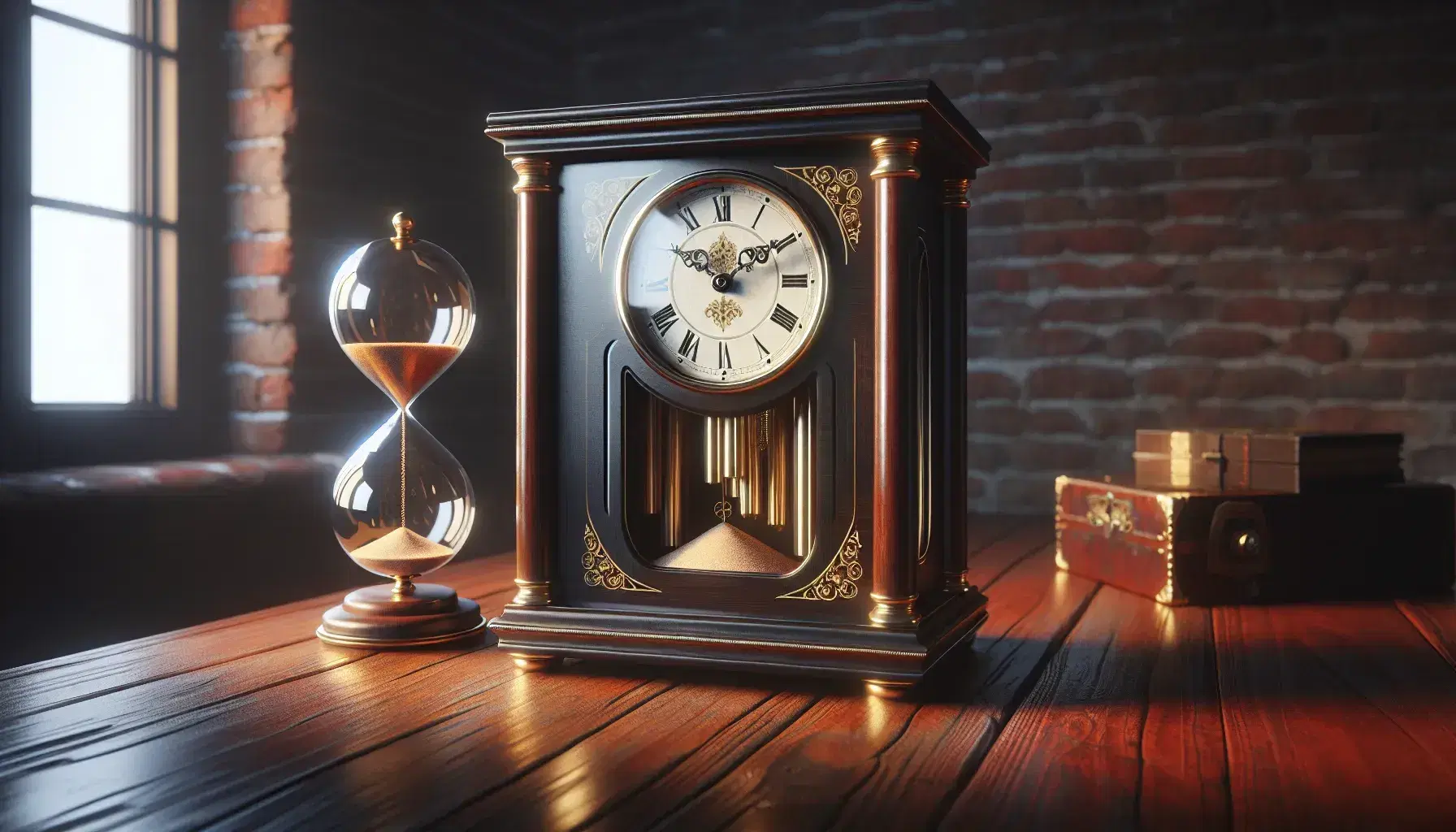 Orologio a pendolo antico in legno scuro con intarsi dorati e quadrante avorio, accanto a clessidra con sabbia ambrata su tavolo, sfondo in mattoni rossi.