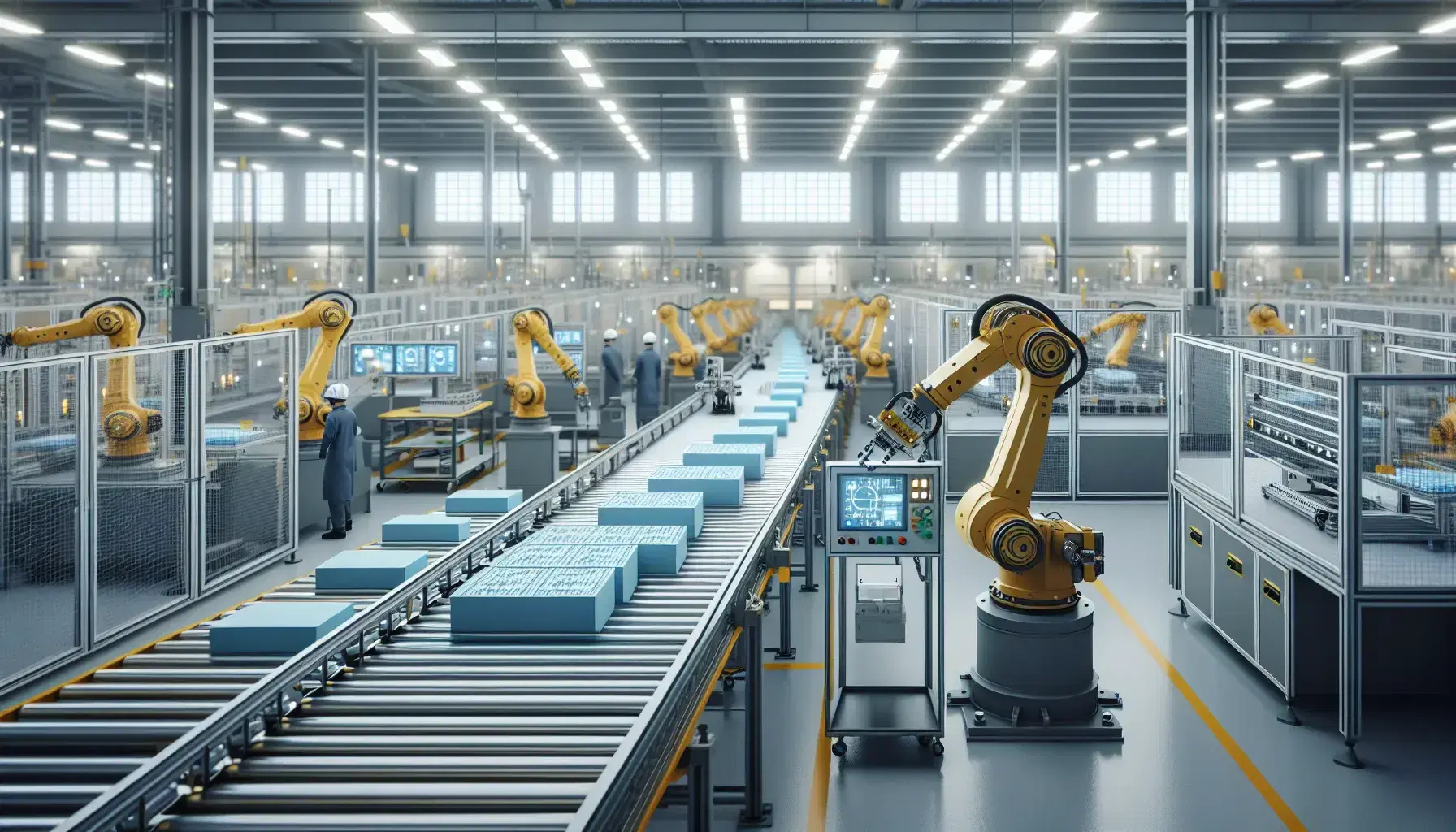 Planta industrial con cinta transportadora gris y piezas azules, brazos robóticos amarillos ensamblando, trabajadores en uniforme y casco supervisando.
