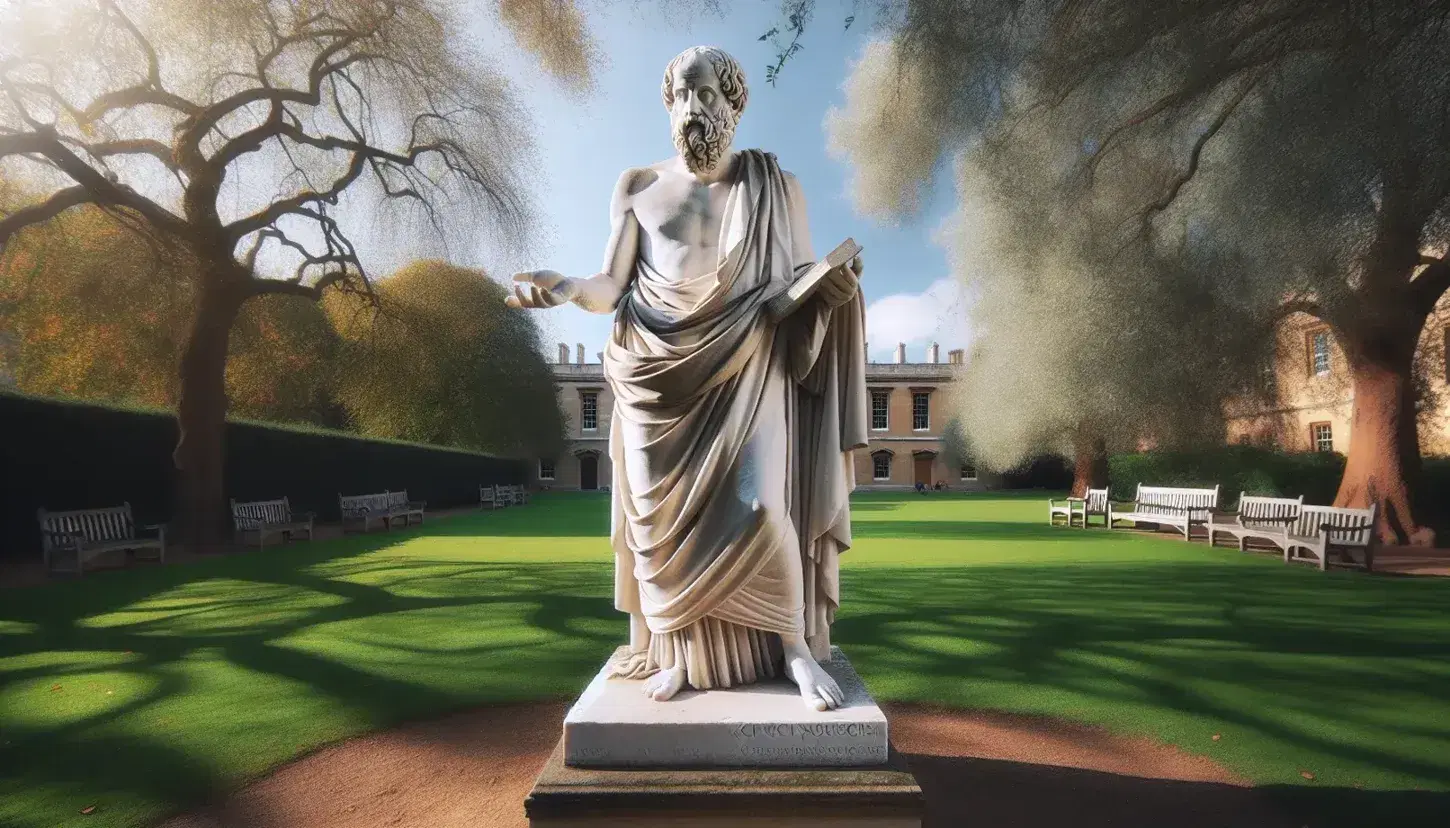 Estatua de mármol blanco de filósofo antiguo en parque universitario, con túnica y libro, bajo luz solar entre árboles y bancos de madera.