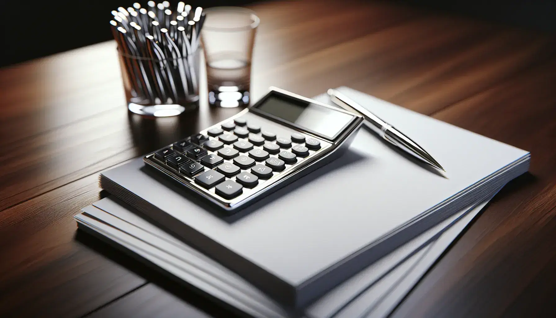 Modern silver calculator with a blank display on a polished mahogany desk beside a stack of white paper and a glass of assorted metallic pens.