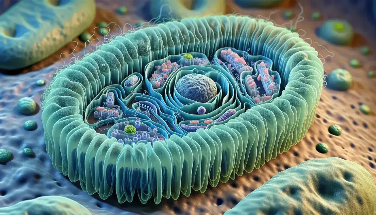 Detailed mitochondrion structure with double membrane, convoluted cristae, and matrix containing enzymes for the Krebs cycle, set against a pink cytoplasm background.