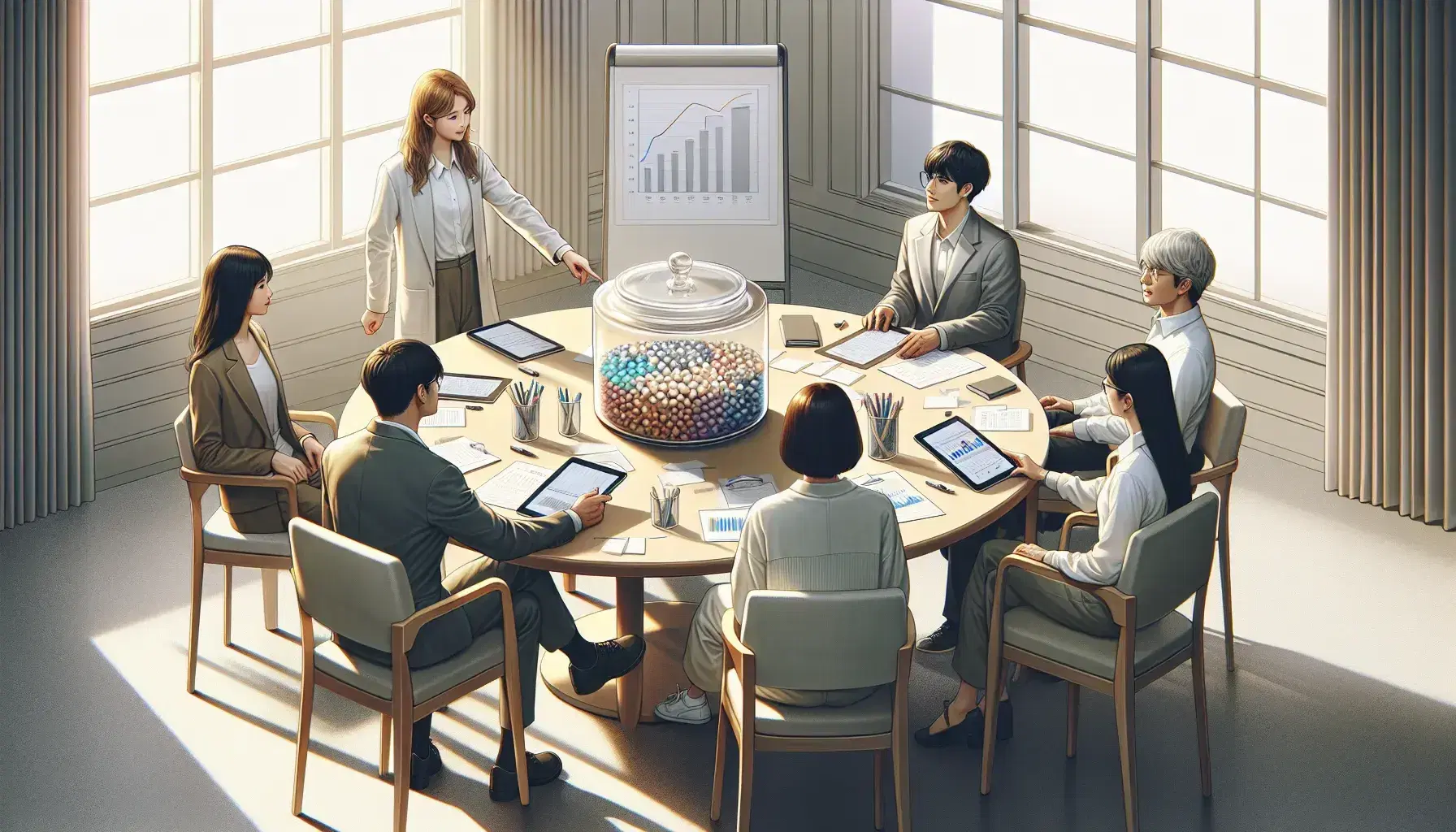 Diverse team collaborates around a table with research materials, digital tablets, and a jar of colored marbles, in a bright room with a window view.