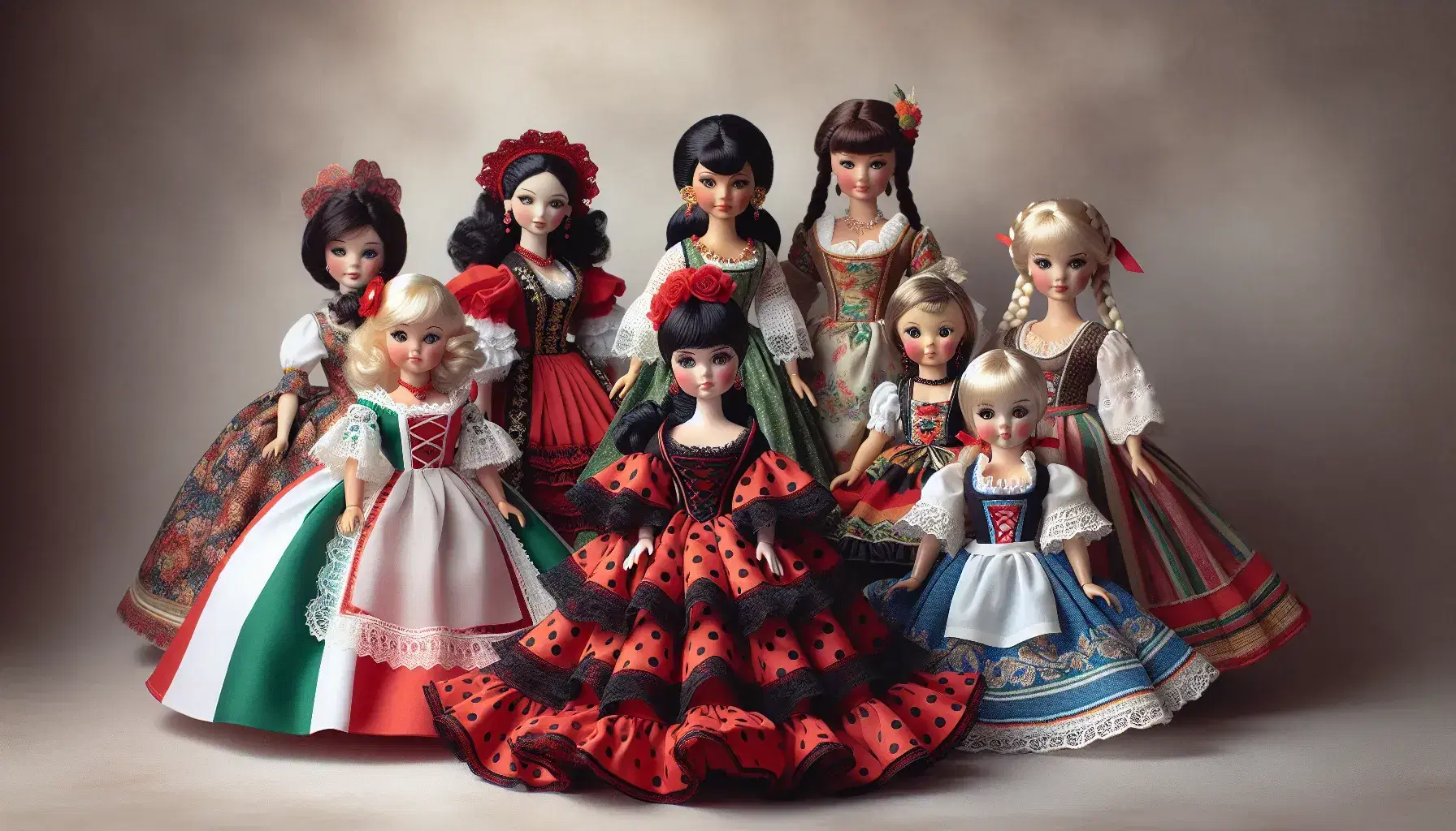 Collection of traditional dolls in cultural costumes, with Spanish in red flamenco dress, Italian in tricolor dress and German in blue and white dirndl.