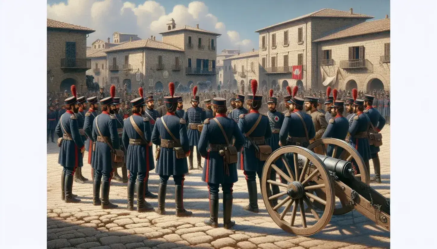 Gruppo di uomini in divisa del Risorgimento discute in semicerchio con cannone e cavallo marrone in primo piano, edifici storici sullo sfondo.