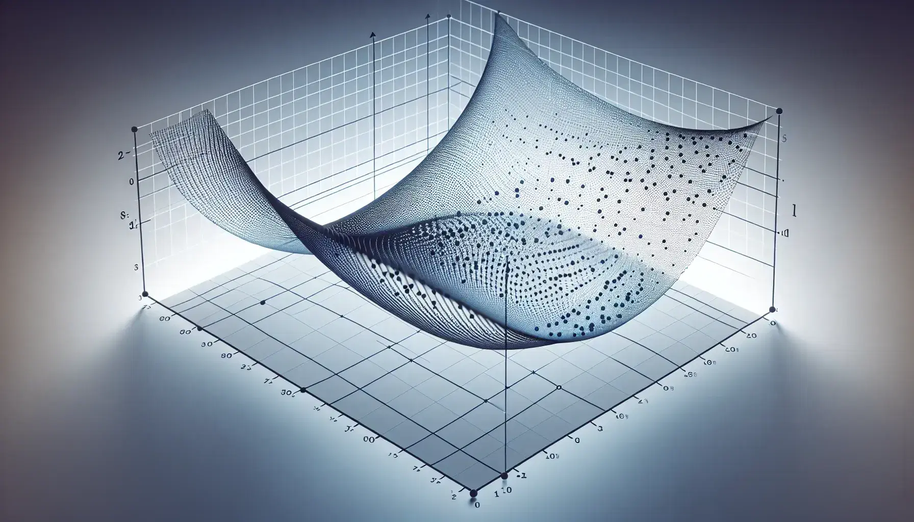 Three-dimensional Cartesian coordinate system with a smooth, curved trajectory of translucent blue dots arcing from lower left to upper right against a gradient gray background.