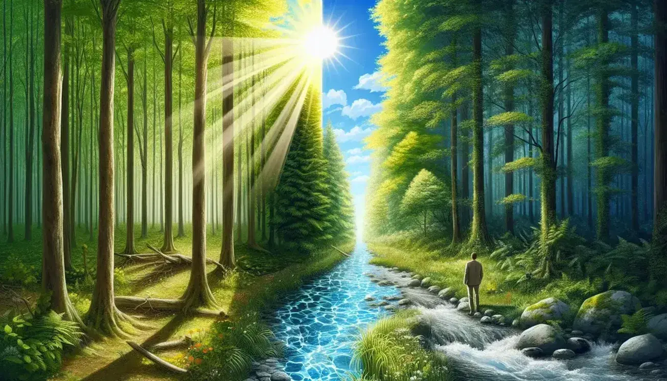 Cielo azzurro con sottili nuvole e sole radiante sopra foresta verde lussureggiante con ruscello serpeggiante e figura umana osservante.