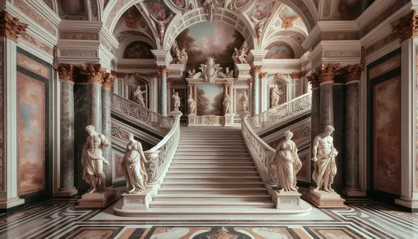 Escalera de mármol blanco con barandillas de hierro forjado en palacio barroco español, rodeada de frescos y columnas con capiteles dorados, iluminada por candelabros de cristal.
