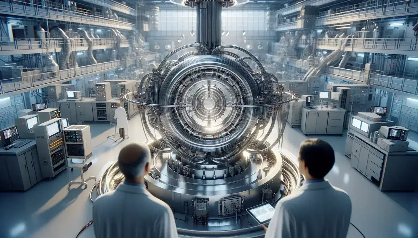 Physics laboratory with two scientists in white coats observing a circular particle accelerator, surrounded by advanced technological instruments.