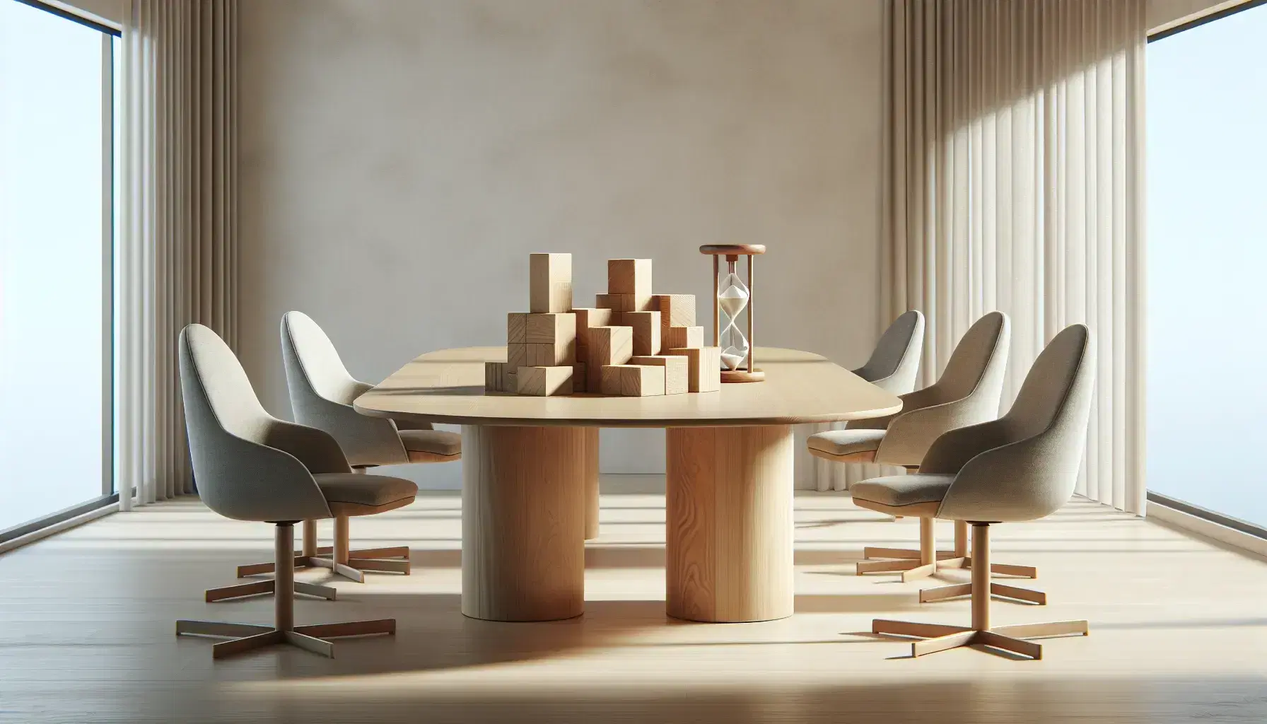 Mesa de conferencia ovalada de madera clara con cuatro sillas ergonómicas grises y juego de bloques de madera junto a un reloj de arena, iluminados por luz natural.