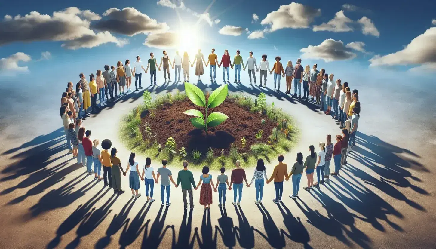 Grupo diverso de personas unidas de la mano en círculo alrededor de una planta joven en un campo verde bajo cielo azul.