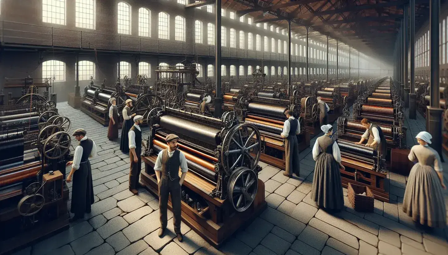 Escena de fábrica textil del siglo XIX con trabajadores operando maquinaria antigua bajo luz natural, reflejando la actividad industrial de la Revolución Industrial.