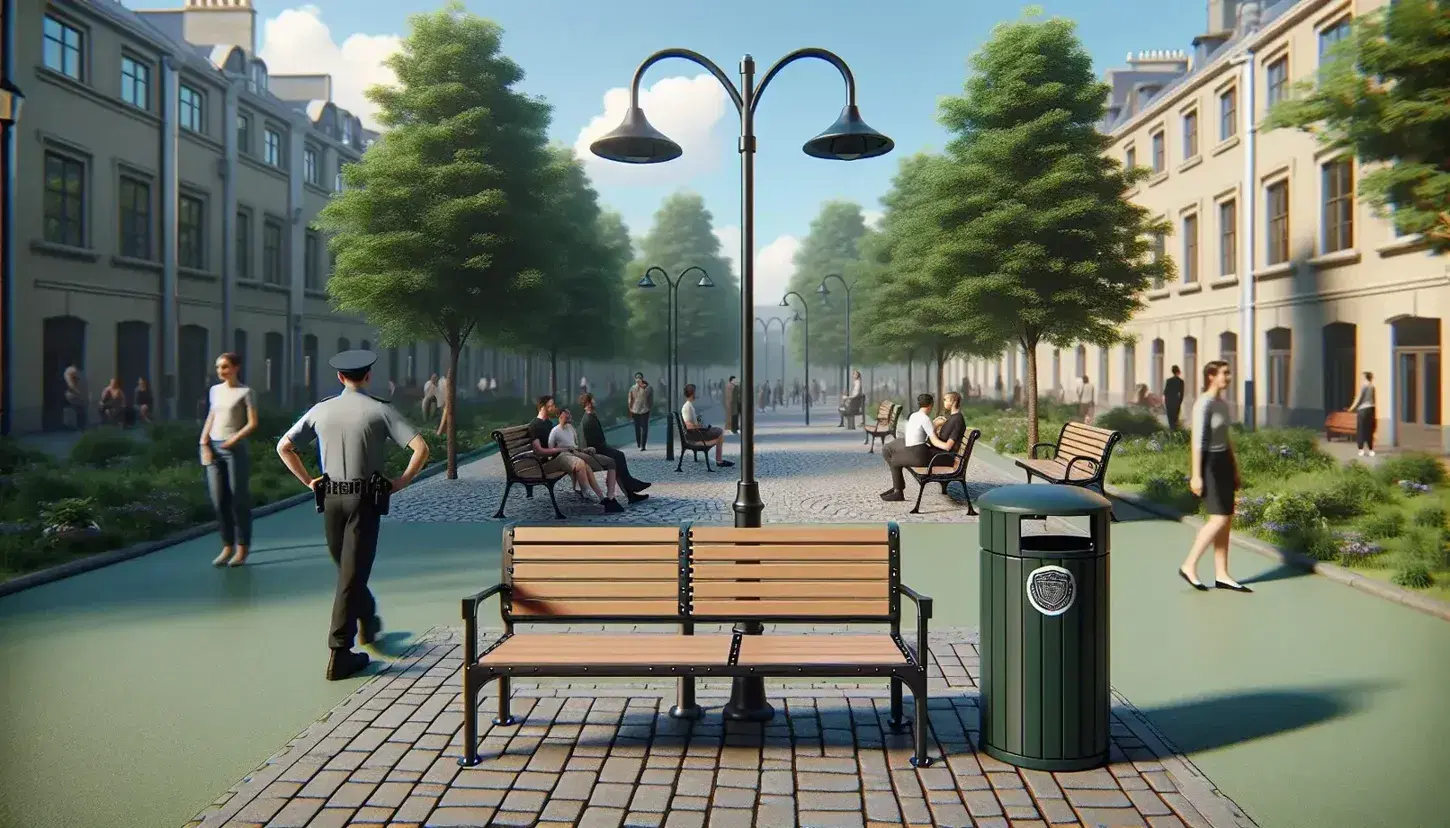 Parque urbano con banco de madera y marco metálico, papelera verde, farola negra y personas disfrutando del entorno arbolado en un día soleado.