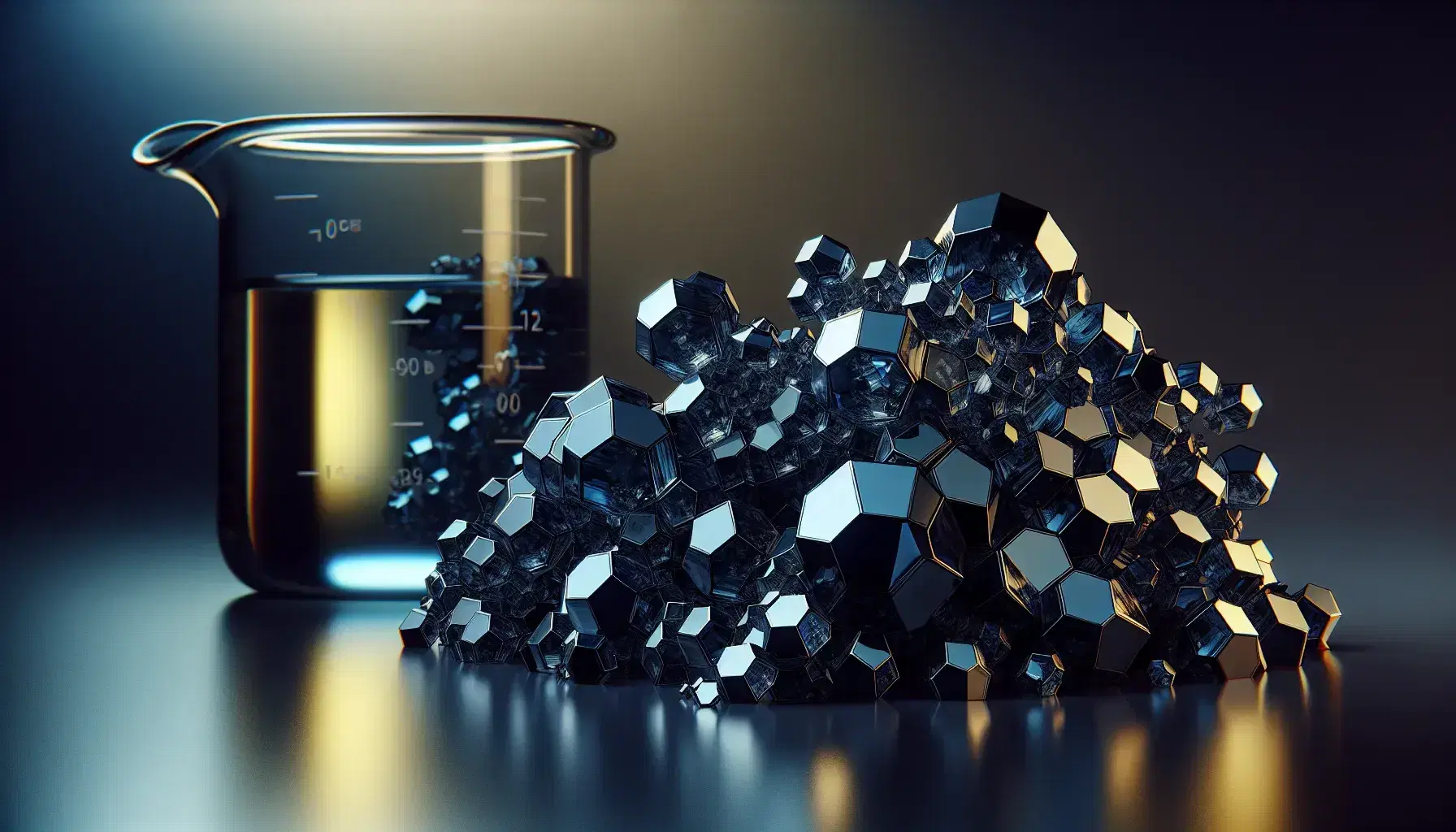 Shiny blue-black anthracene crystals with iridescent highlights on gray gradient background and glass beaker with yellow solvent in laboratory.