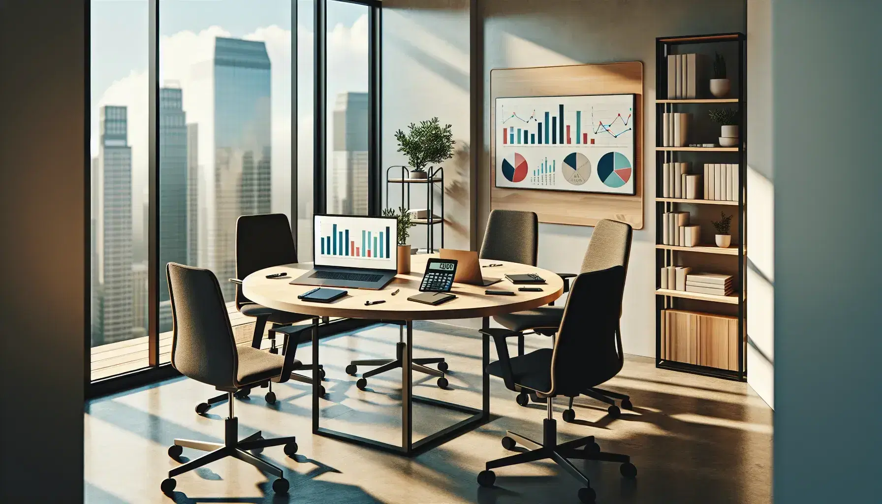 Oficina moderna con mesa redonda, sillas ergonómicas, laptop con gráficos, calculadora, cuadernos, pizarra blanca y estantería de libros, junto a ventana con vista urbana y planta interior.