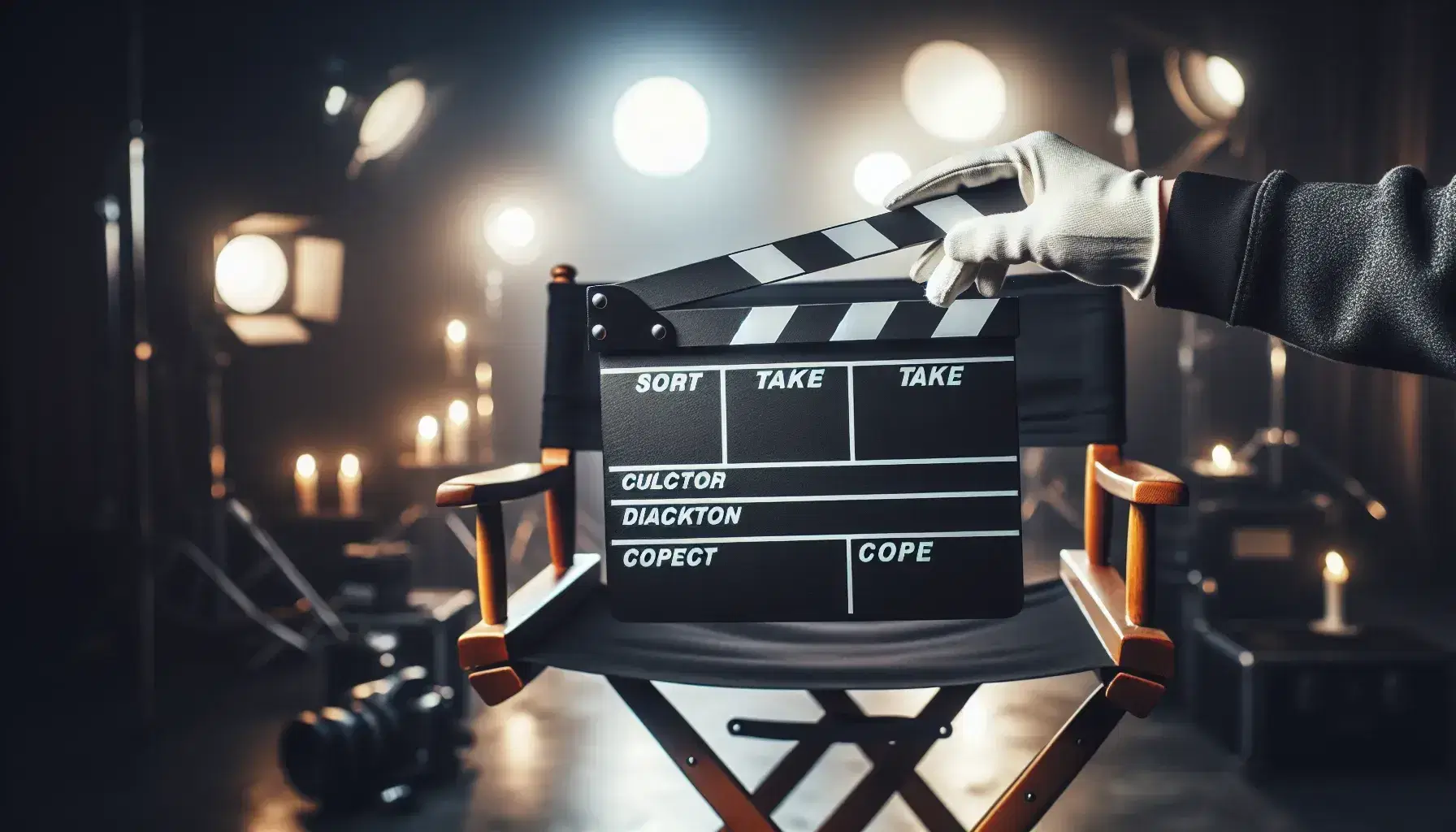 Clapeta de cine clásica en negro con rayas blancas sostenida por una mano enguantada en un set de filmación con silla de director al fondo.