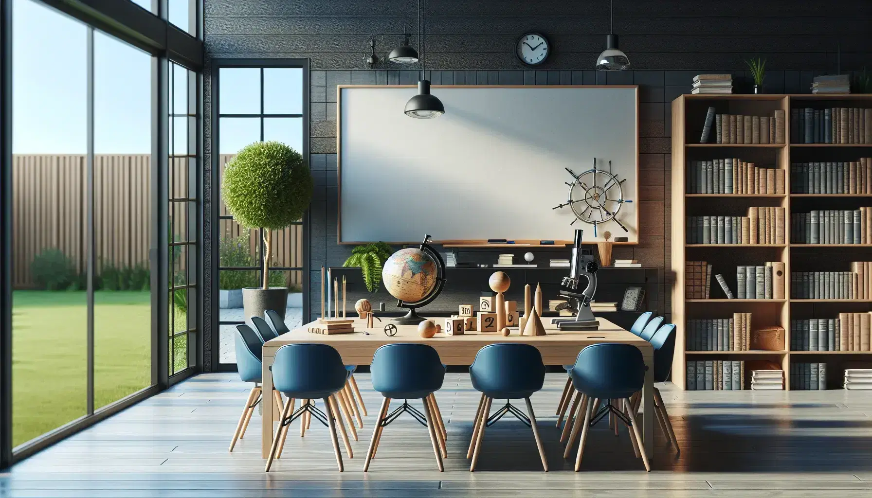 Aula luminosa con tavolo in legno, sedie ergonomiche blu, strumenti didattici, microscopio, lavagna bianca, finestra aperta e libreria.