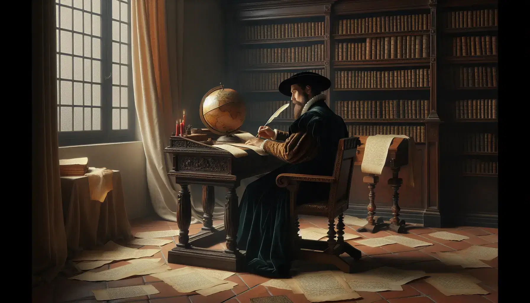 Ritratto di figura storica rinascimentale intenta a scrivere con penna d'oca, circondata da libri e globo antico in una stanza illuminata naturalmente.