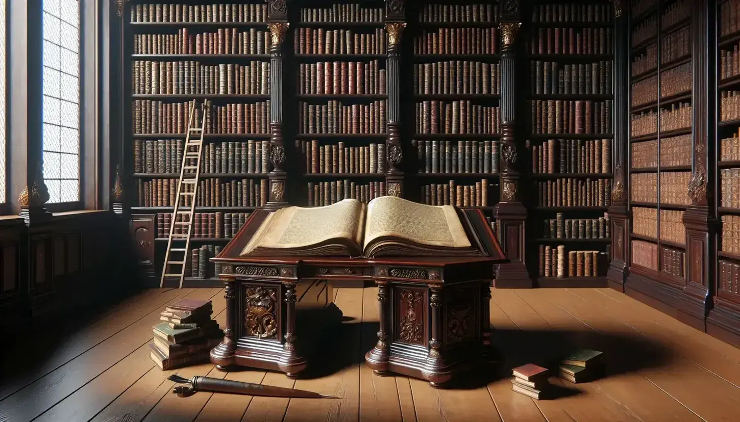 Biblioteca antica con scrivania in legno scuro, libro aperto, penna d'inchiostro, scaffali pieni di libri rilegati e finestra ad arco.