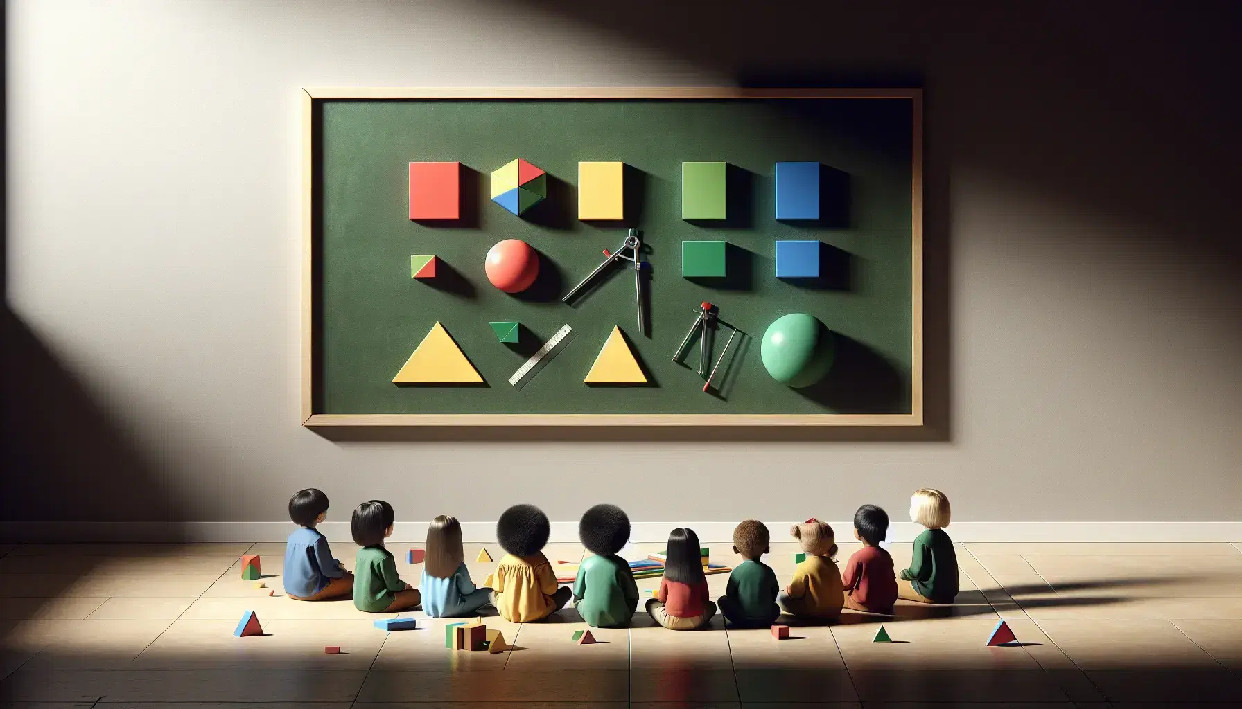 Pizarra verde oscuro con figuras geométricas y niños sentados en semicírculo con instrumentos matemáticos, iluminados por luz natural.