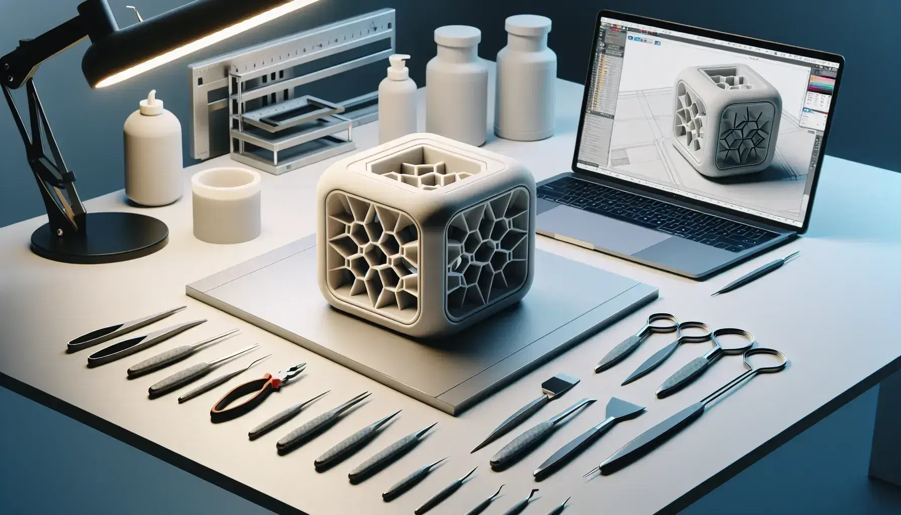 Mesa de trabajo de diseño con prototipo tridimensional blanco y herramientas de modelado junto a laptop con diseño 3D, en un laboratorio de prototipado.