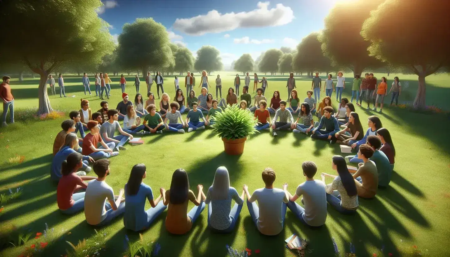 Grupo diverso de estudiantes sentados en círculo en un parque tocando una planta en maceta, con árboles y cielo azul de fondo.