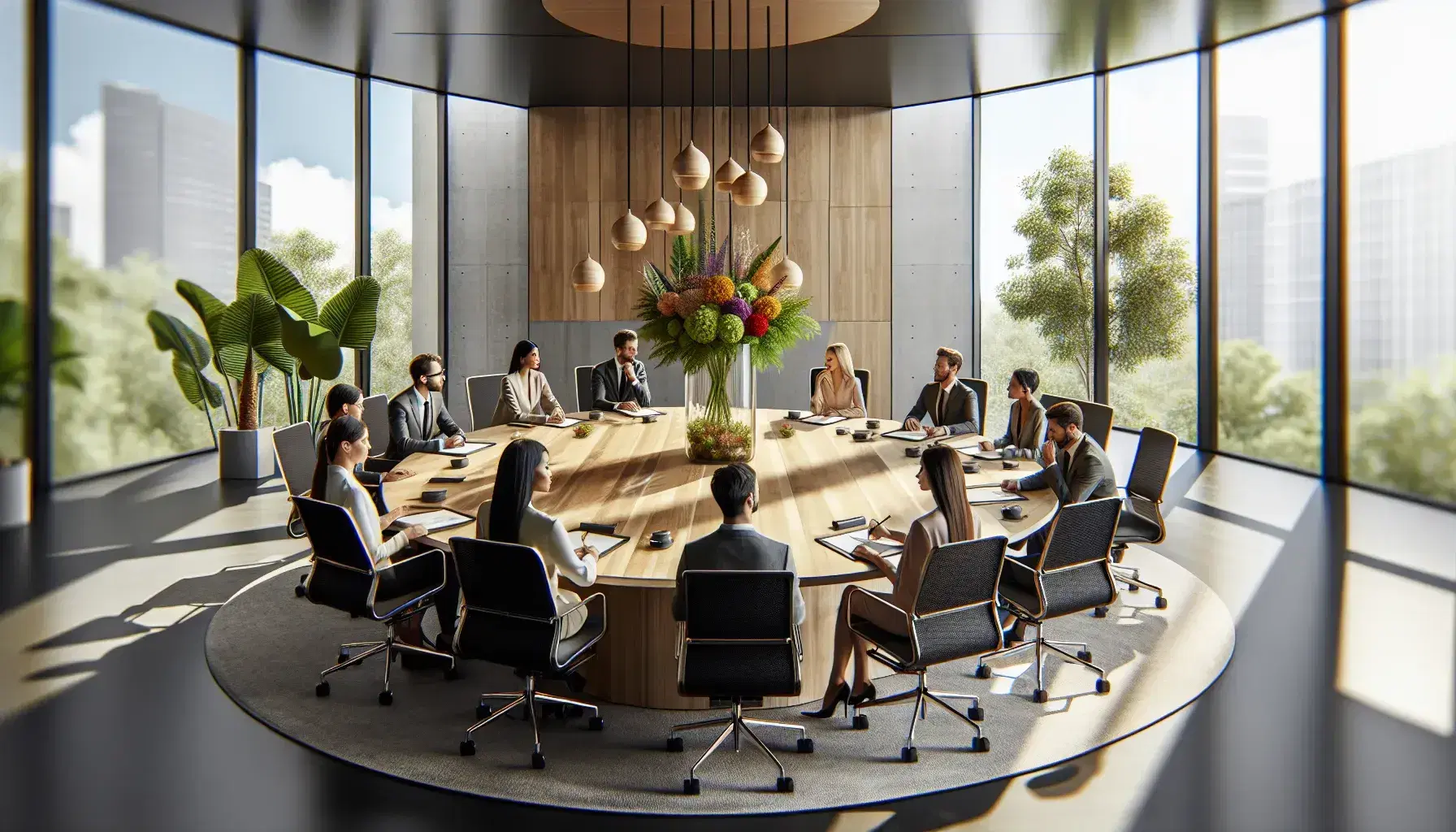 Diverse group of professionals engaged in a meeting around an oval wooden table in a bright office with large windows and vibrant flowers centerpiece.