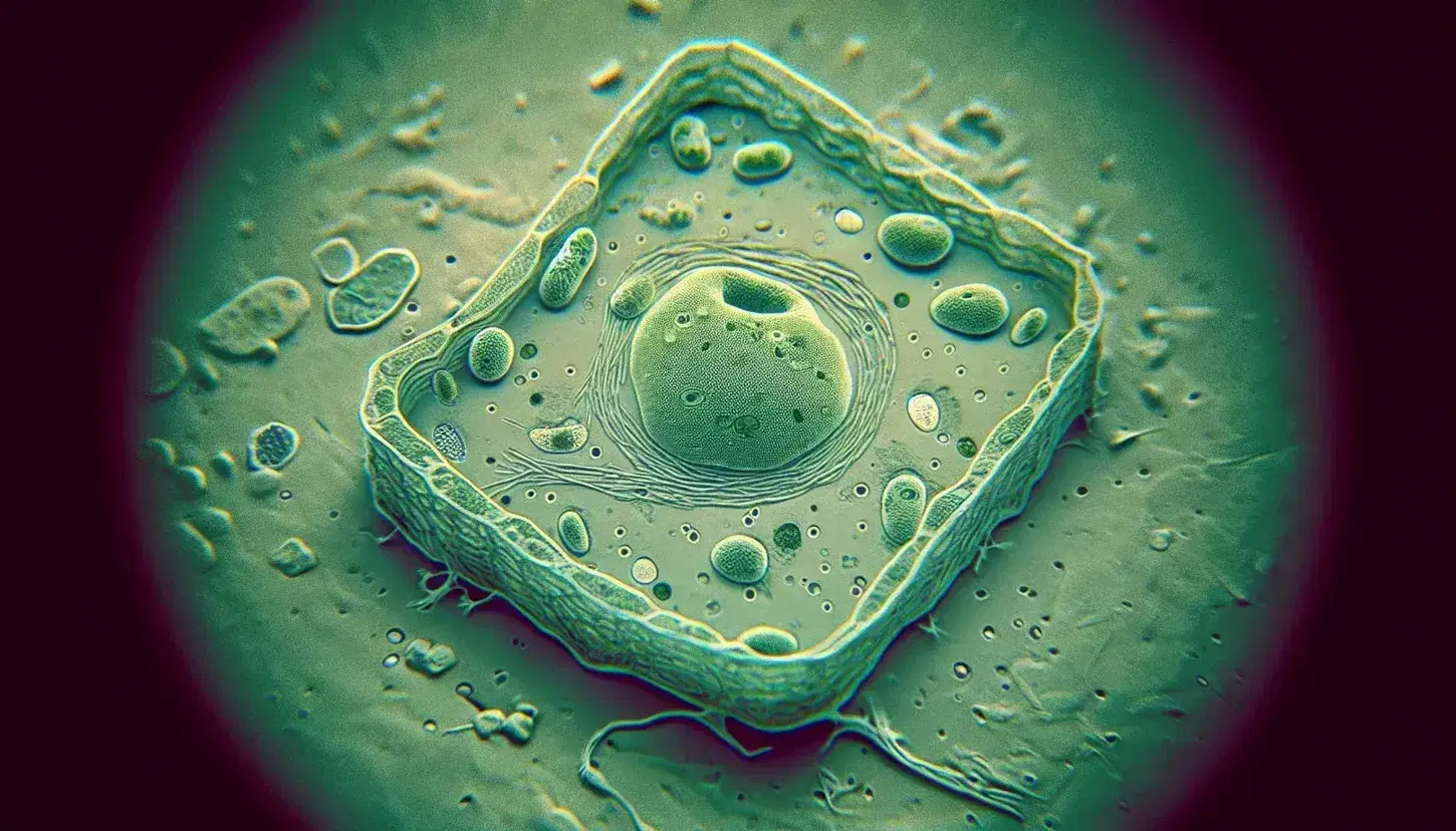 Célula vegetal al microscopio mostrando pared celular verde claro, vacuola central azul-verde y cloroplastos en fondo degradado.