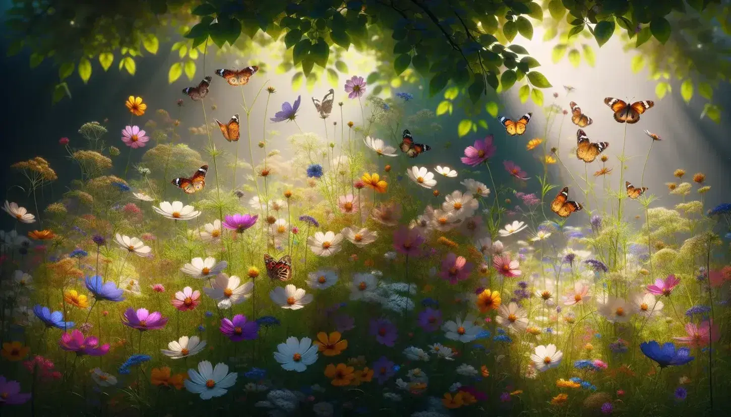 Vibrant wildflowers in shades of white, purple, yellow, and pink with butterflies on them, under dappled sunlight with a soft-focus greenery background.