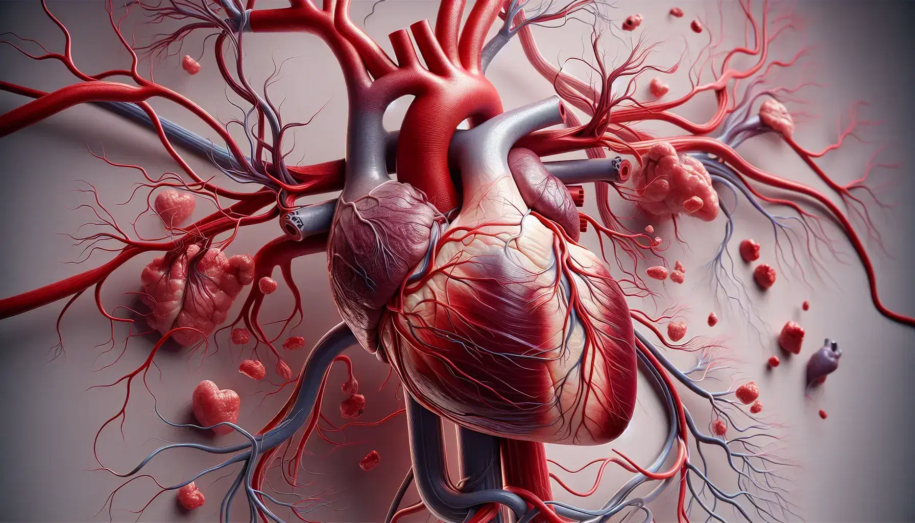 Modelo anatómico detallado del corazón humano y sistema circulatorio con arterias rojas y venas azules en fondo neutro.