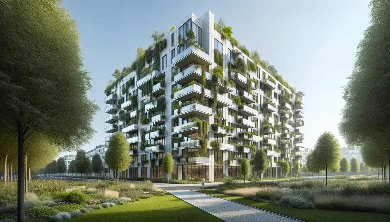 Edificio moderno con jardines verticales en balcones y techo verde, rodeado de árboles y un camino de piedras bajo un cielo azul despejado.